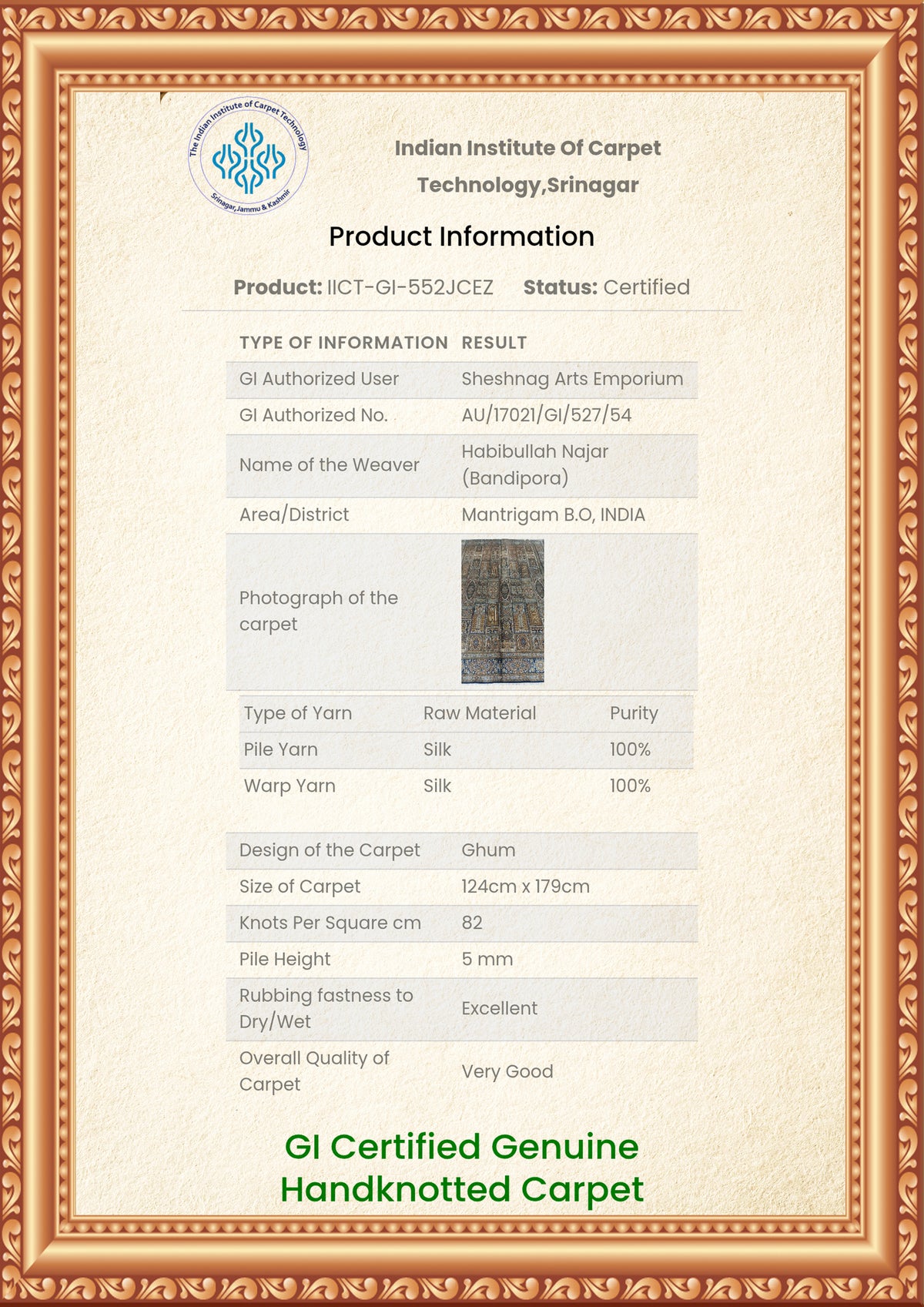 Framed carpet product information sheet with a carpet photograph and specification tables