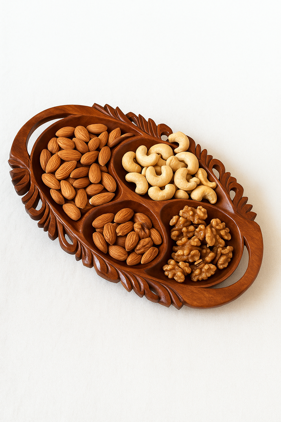 Hand-Carved Walnut Wood Dry Fruit Bowl with Triple Compartments