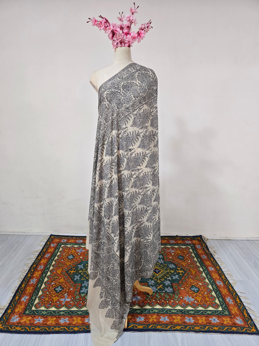 Pure Pashmina 3 Yards Ivory Noir Botanica: Sozni Hand Embroidered