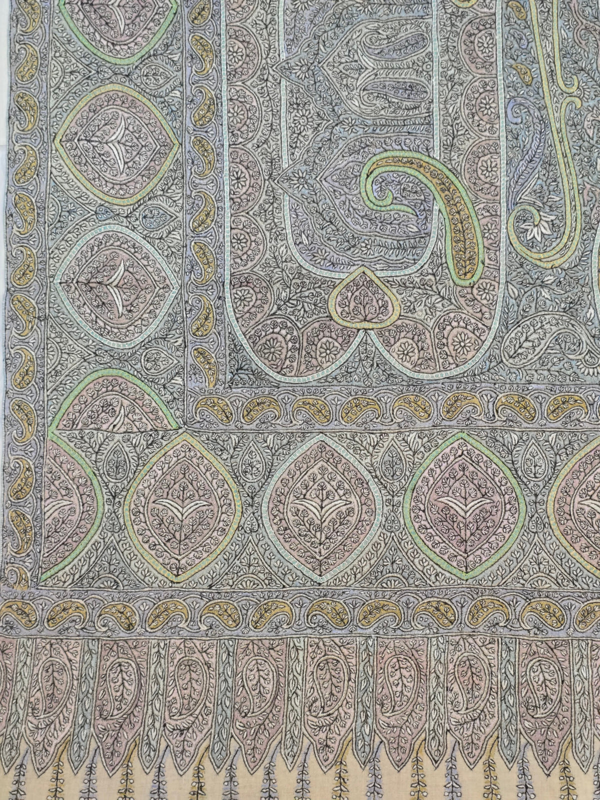 Pure Pashmina 3 Yards Muted Paisley Symphony: Sozni Hand Embroidered