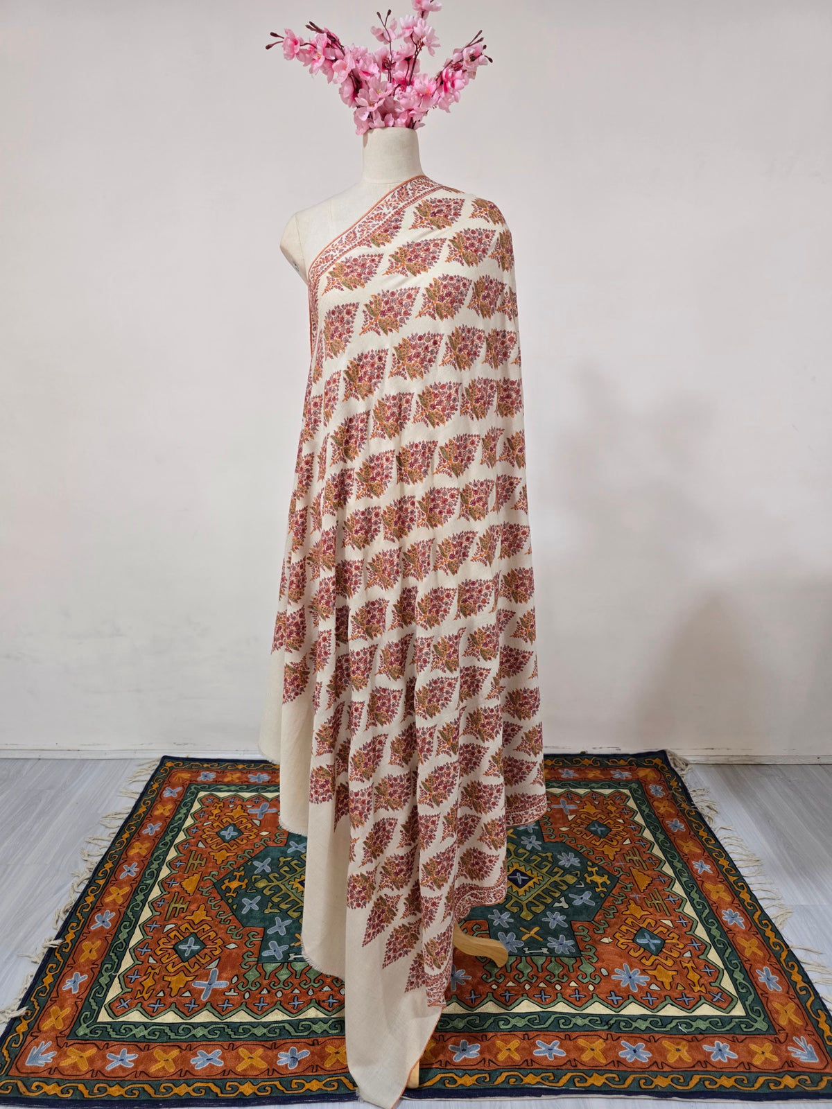 Pure Pashmina 3 Yards Autumn Petal Glow: Sozni Hand Embroidered