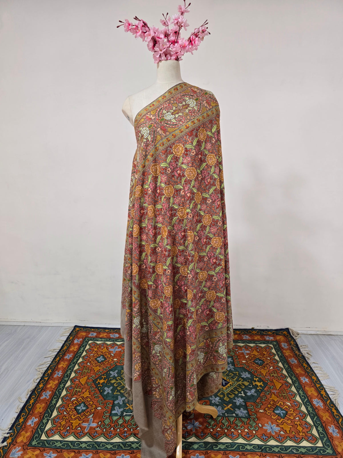 Pure Pashmina 3 Yards Saffron Orchard Bloom: Sozni Hand Embroidered
