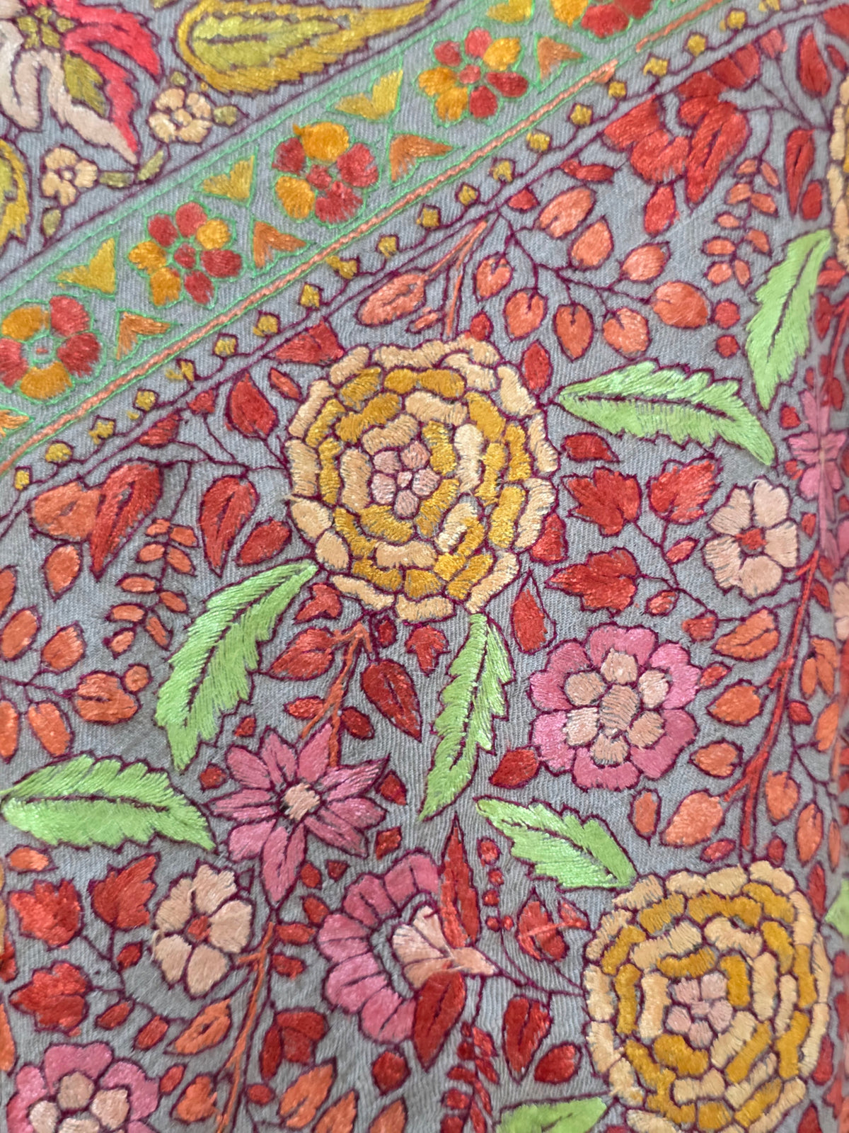 Pure Pashmina 3 Yards Saffron Orchard Bloom: Sozni Hand Embroidered