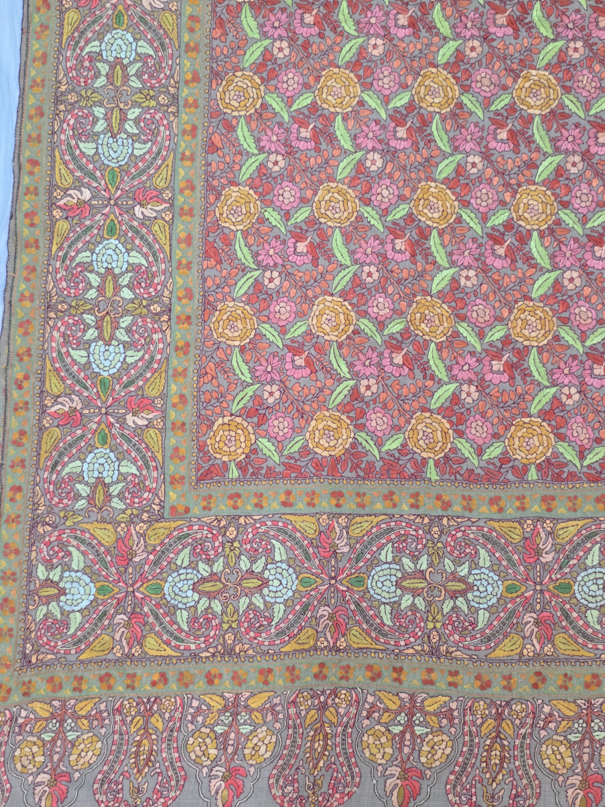Pure Pashmina 3 Yards Saffron Orchard Bloom: Sozni Hand Embroidered
