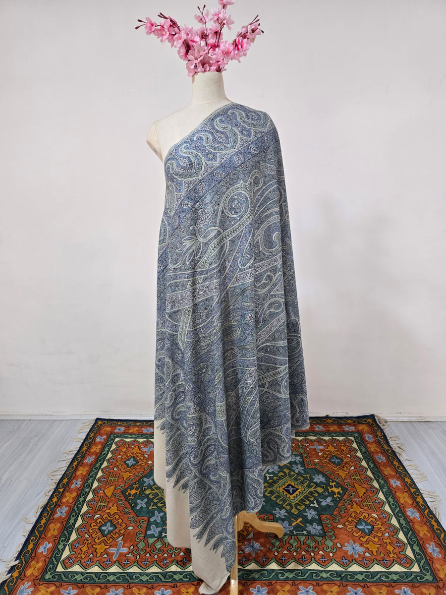 Pure Pashmina 3 Yards Kalamkari Azure Heritage Flow: Sozni Hand Embroidered