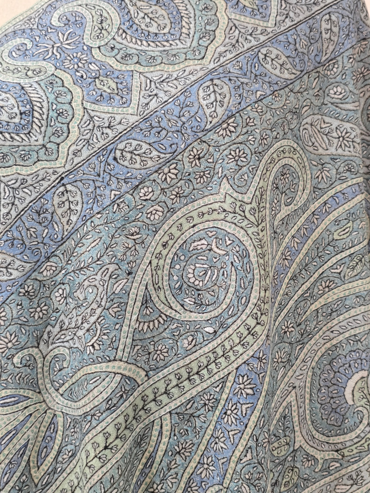 Pure Pashmina 3 Yards Kalamkari Azure Heritage Flow: Sozni Hand Embroidered