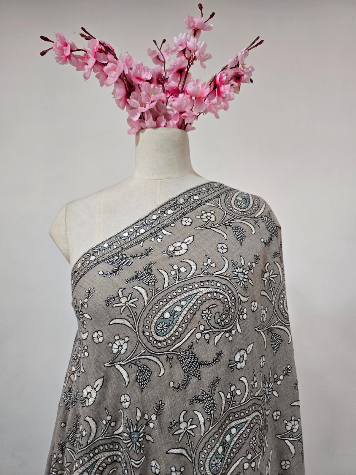 Pure Pashmina 3 Yards Dusty Taupe Garden: Sozni Hand Embroidered