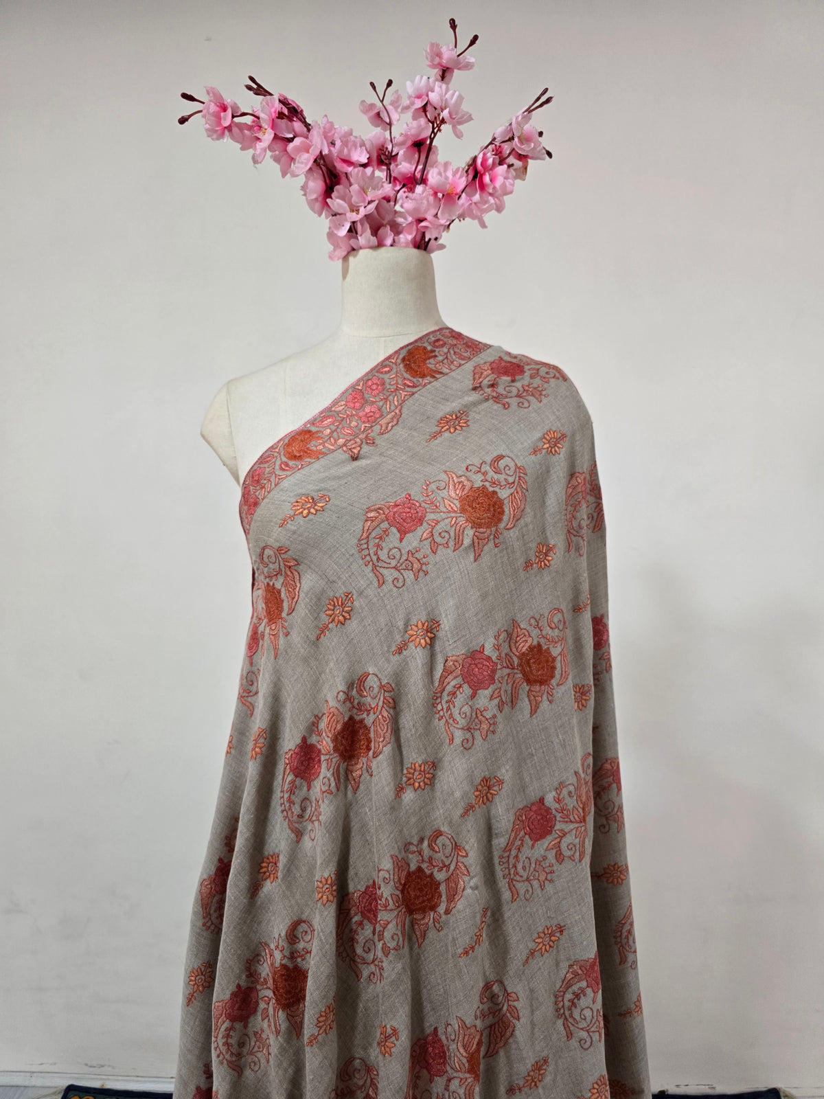 Coral Bloom Reverie: Sozni Hand Embroidered Pure Pashmina 3 Yards