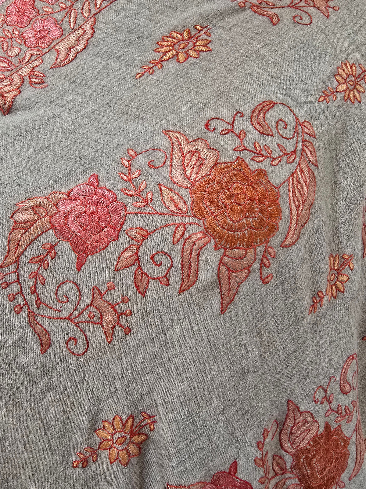 Coral Bloom Reverie: Sozni Hand Embroidered Pure Pashmina 3 Yards