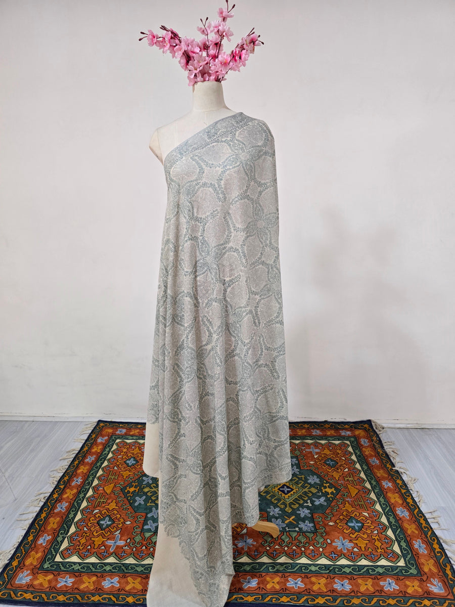 Mint Ivory Whisper: Sozni Hand Embroidered Pure Pashmina 3 Yards