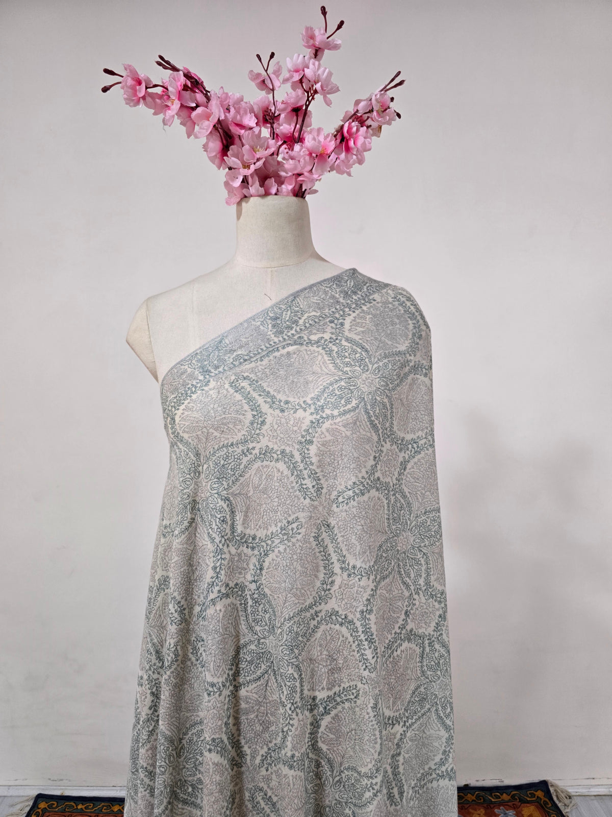 Mint Ivory Whisper: Sozni Hand Embroidered Pure Pashmina 3 Yards