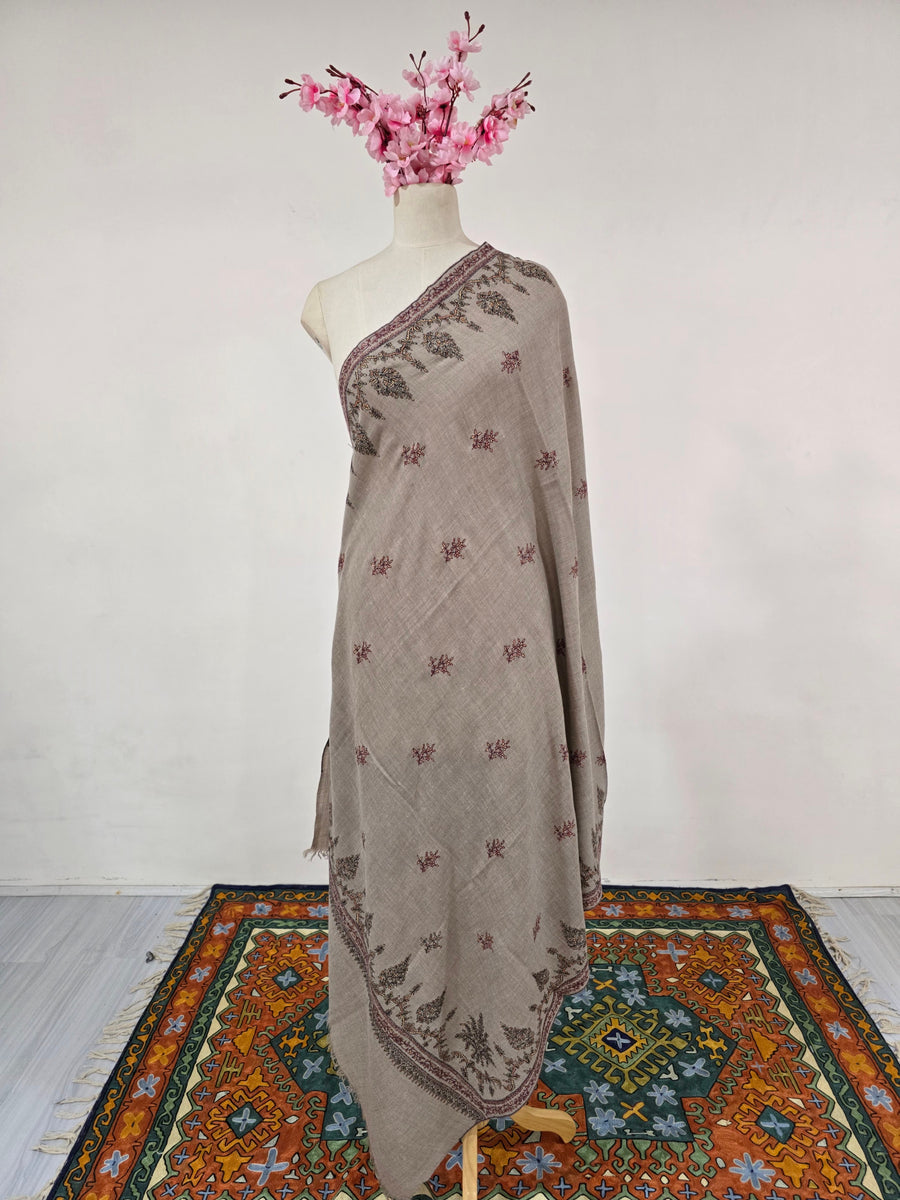 Amber Regal Border: Hand Embroidered Pure Pashmina Shawl