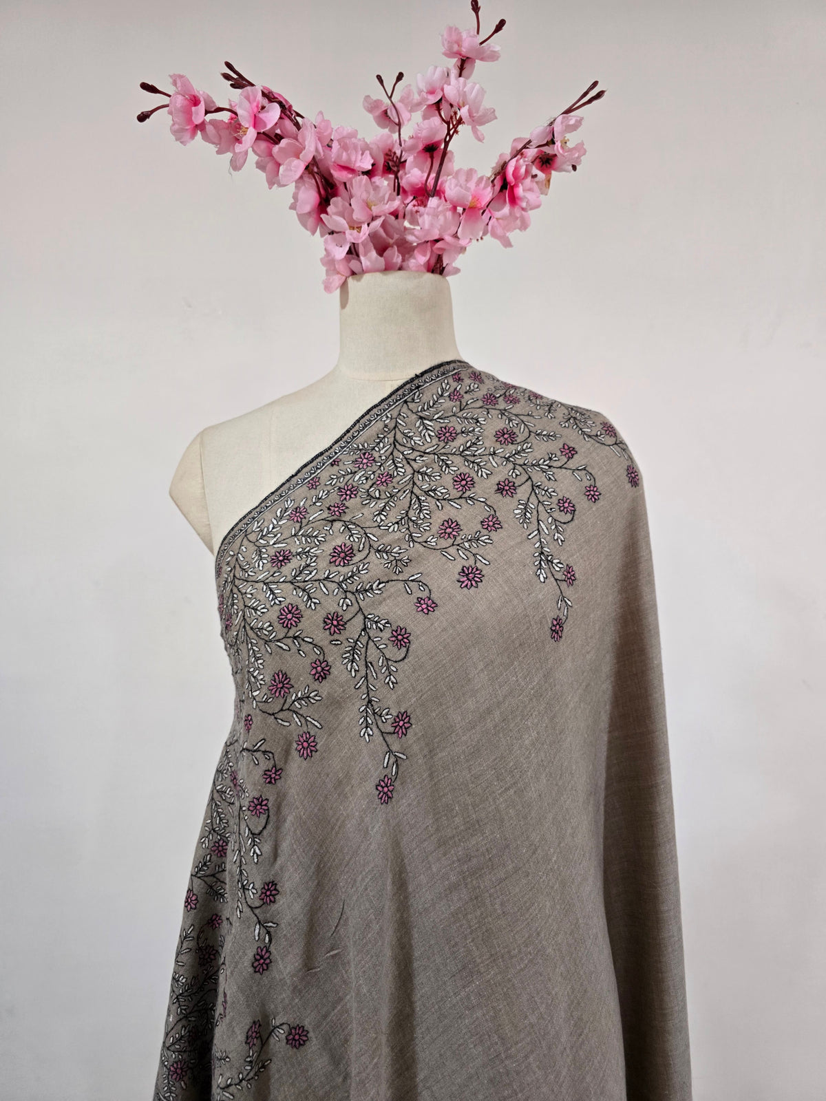 Twilight Blossom Veil: Hand Embroidered Pure Pashmina Shawl