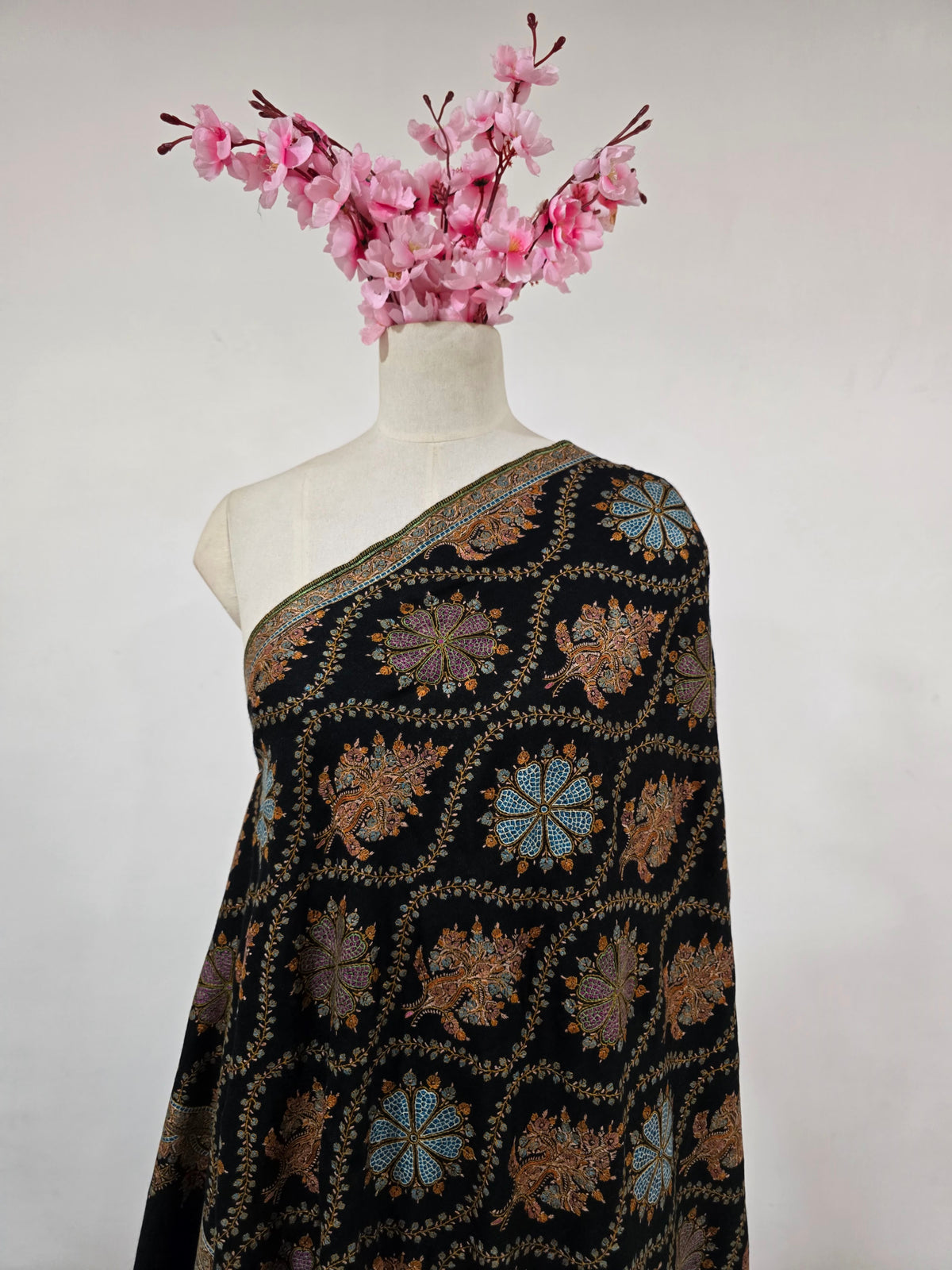Midnight Garden Opulence: Hand Embroidered Pure Pashmina Shawl