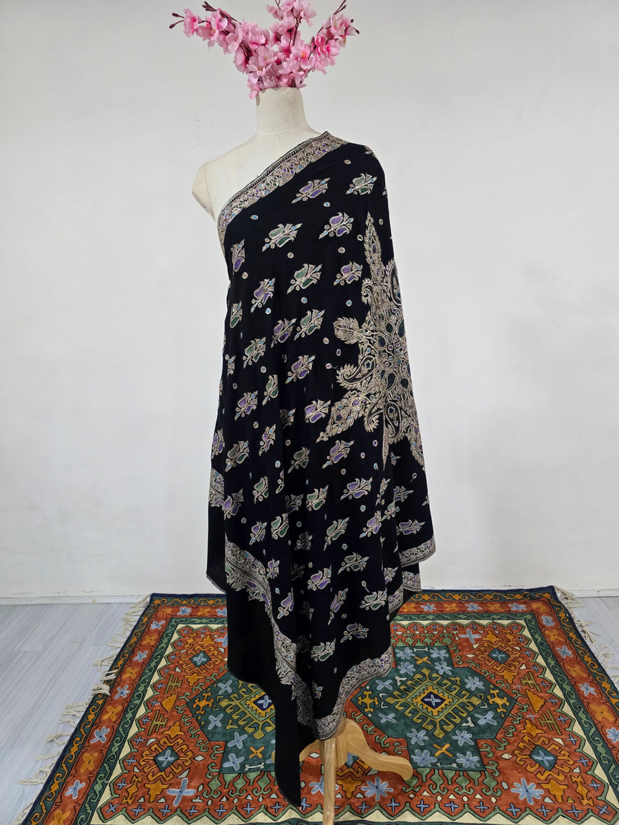 Midnight Regal Bloom: Tilla Hand Embroidered Pure Pashmina Shawl