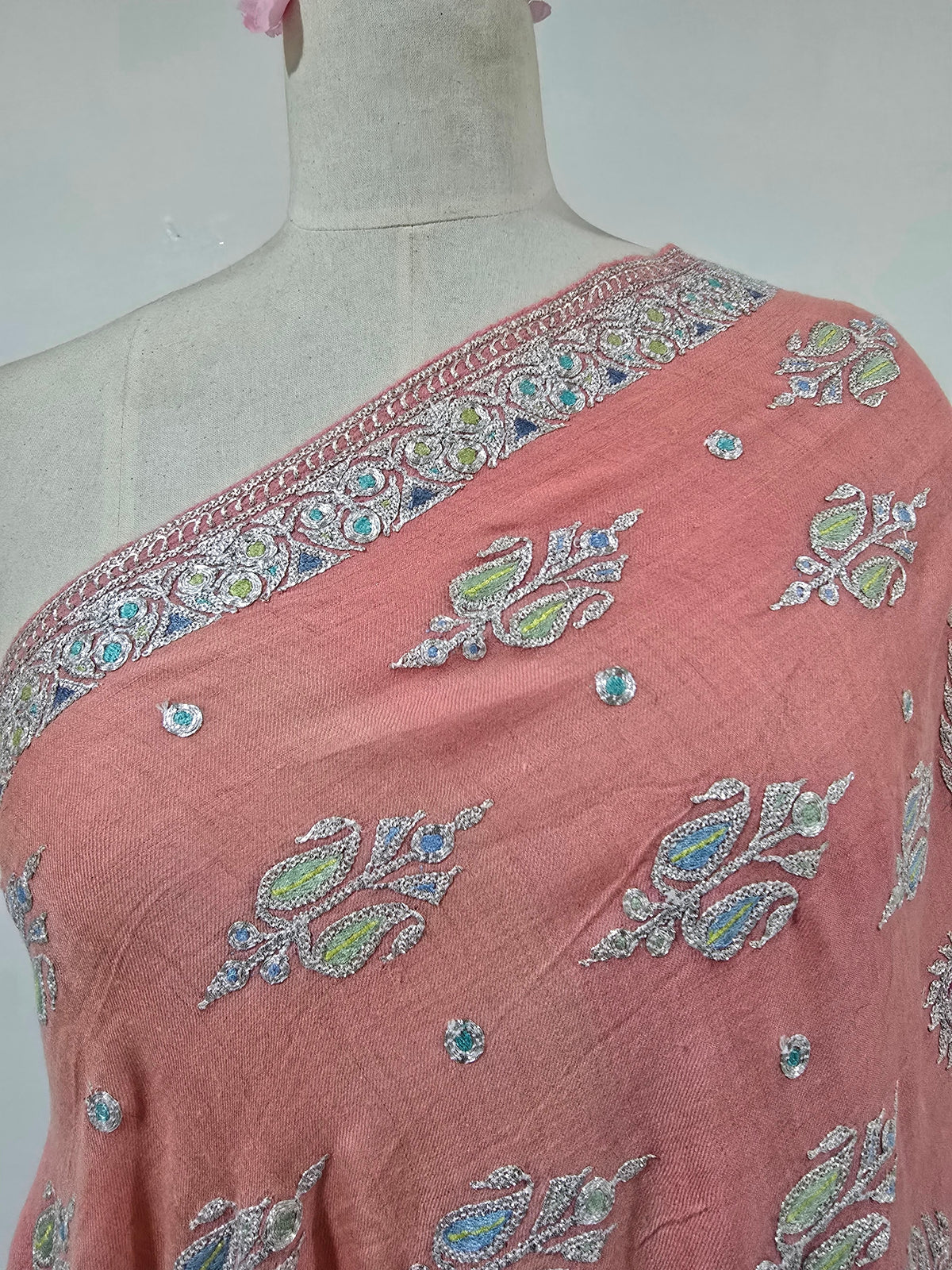 Blush Harmony Elegance: Tilla Hand Embroidered Pure Pashmina Shawl