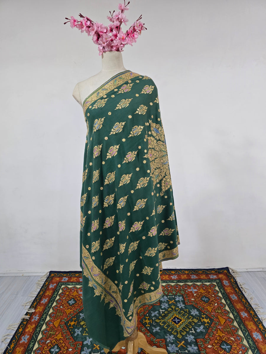 Emerald Heritage Glow: Tilla Hand Embroidered Pure Pashmina Shawl