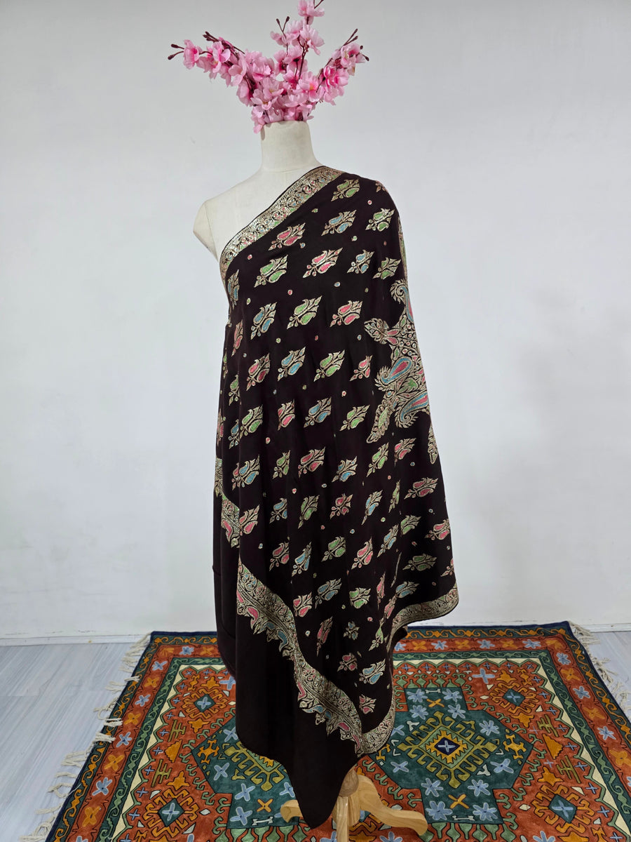 Midnight Jewel Garden: Tilla Hand Embroidered Pure Pashmina Shawl
