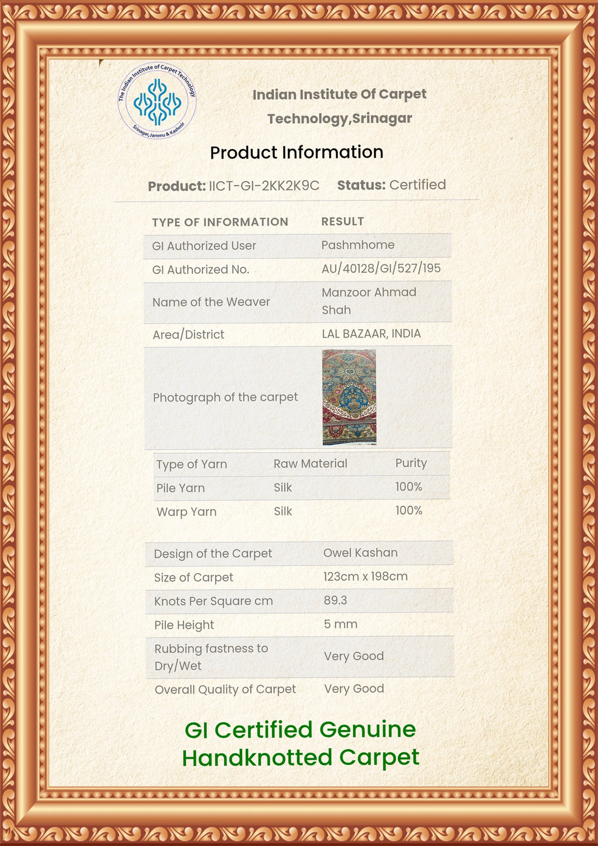 6ft x 4ft: Royal Azure Pavilion: Hand Knotted Mulberry silk on silk Kashmiri Carpet