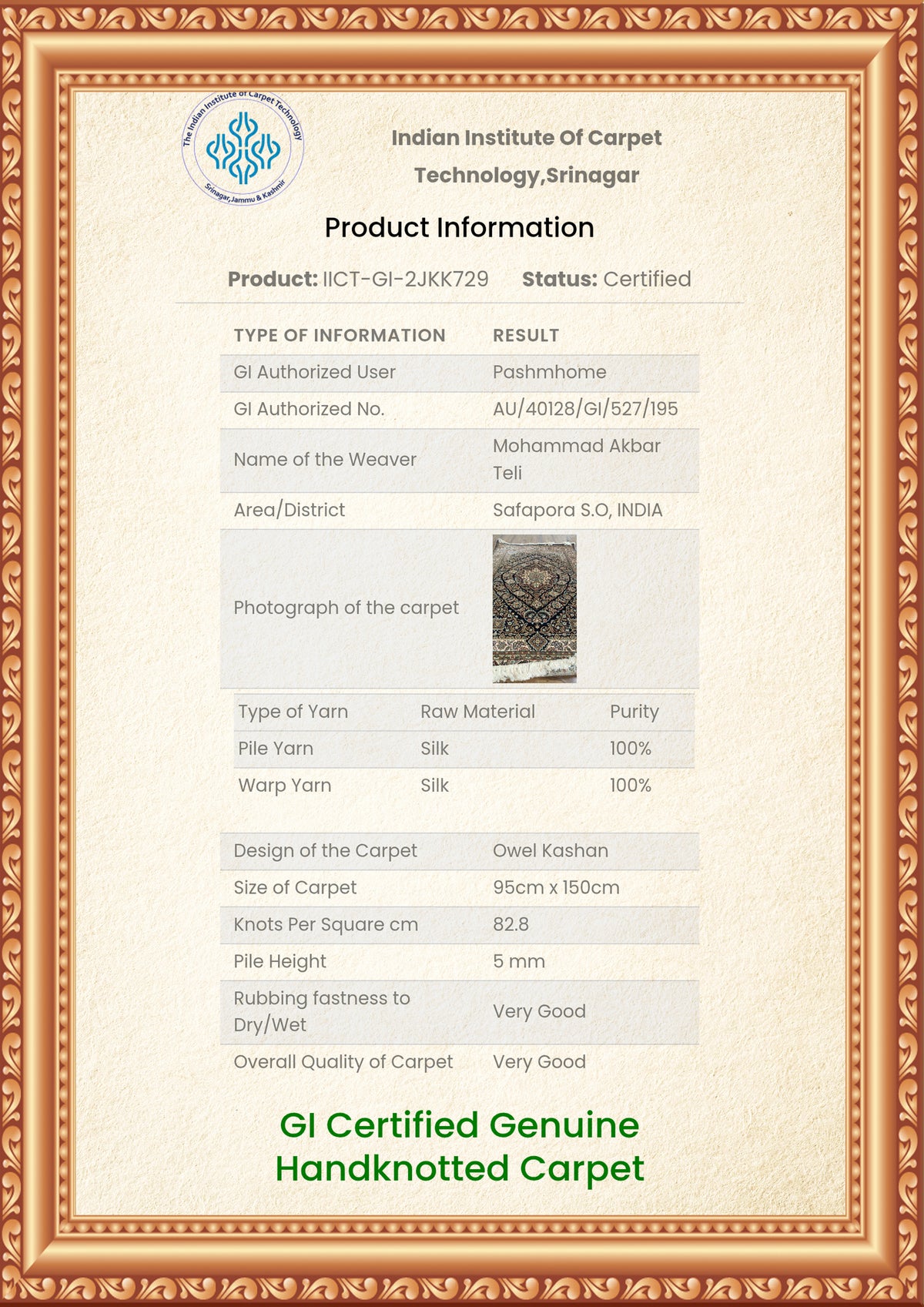 Indian Institute of Carpet Technology, Srinagar product information sheet with a dark floral carpet photo, fibre details and measurements