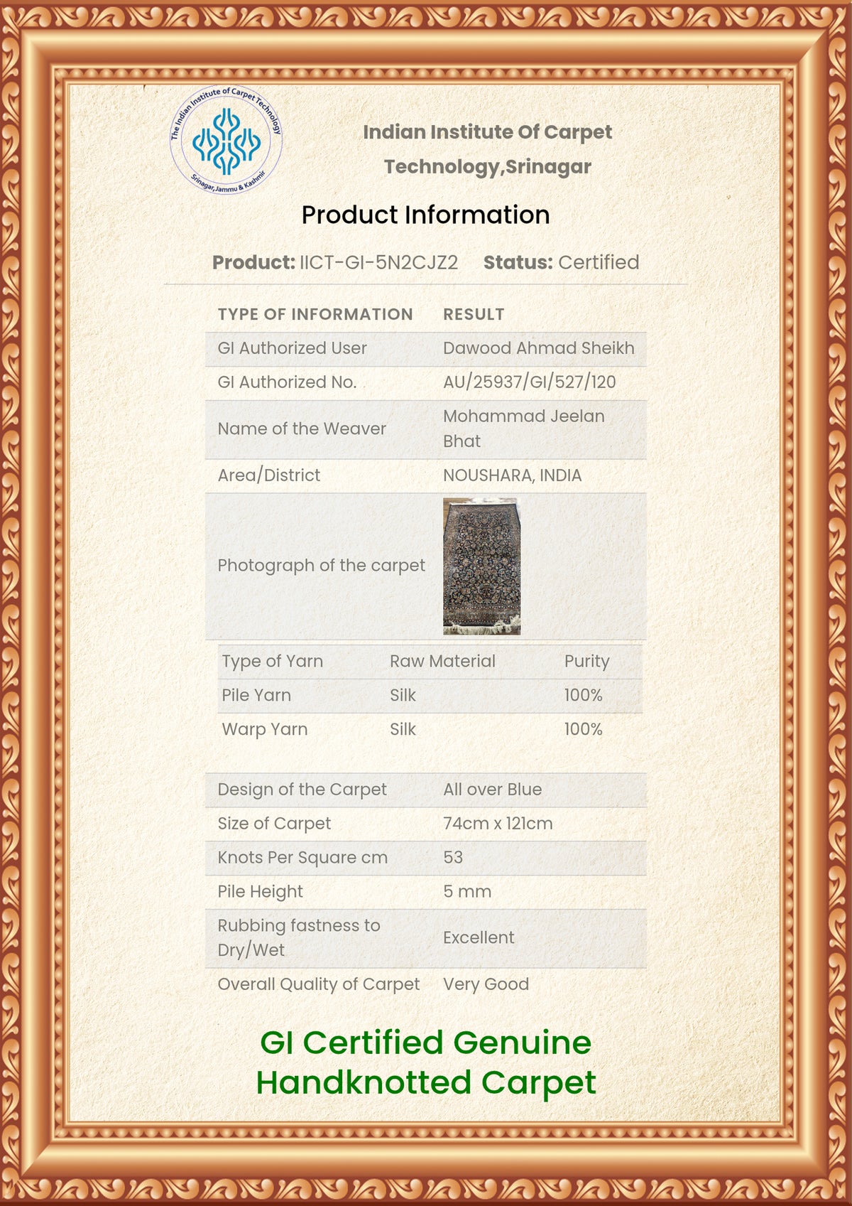 Framed carpet product information sheet with a carpet photograph and specification tables