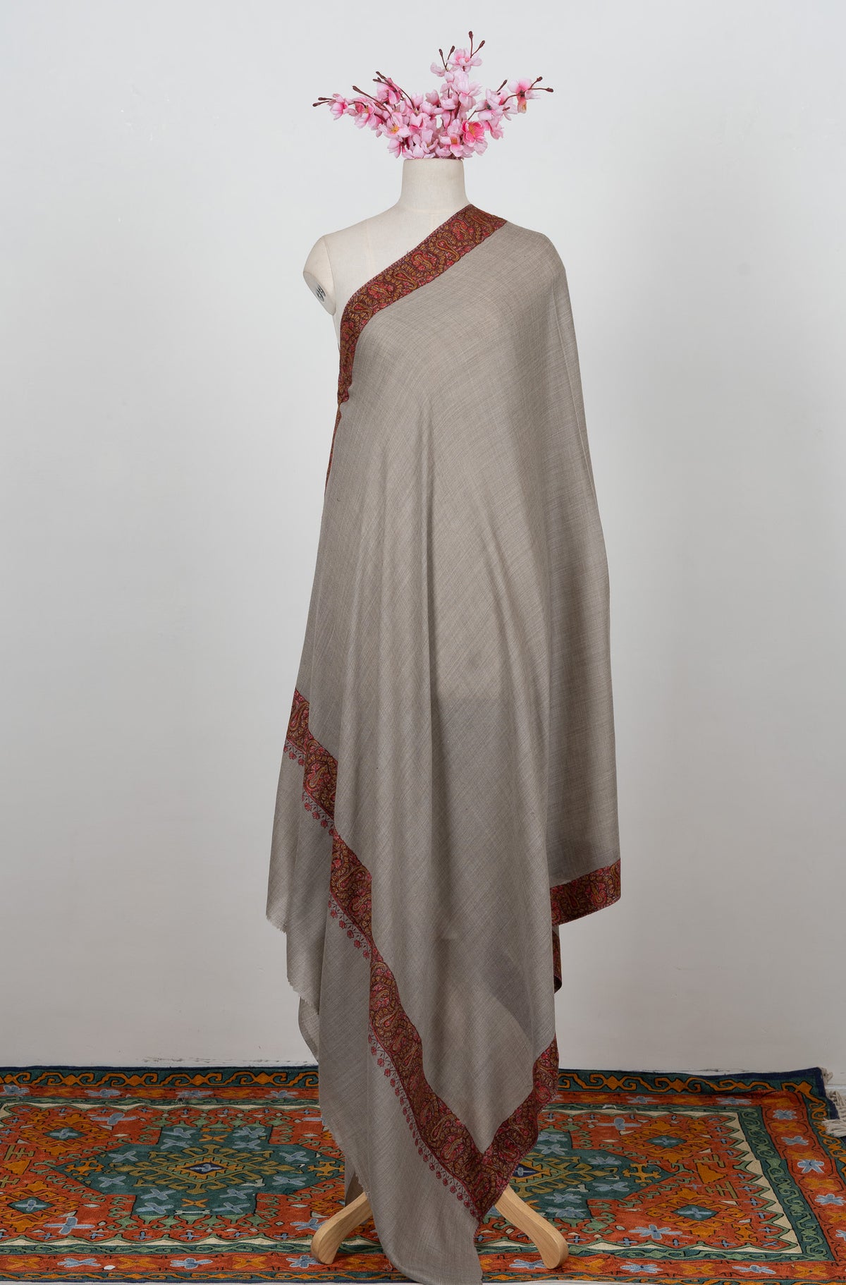 Stone Taupe Paisley 2.5 Yards Sozni Hand Embroidered Shawl
