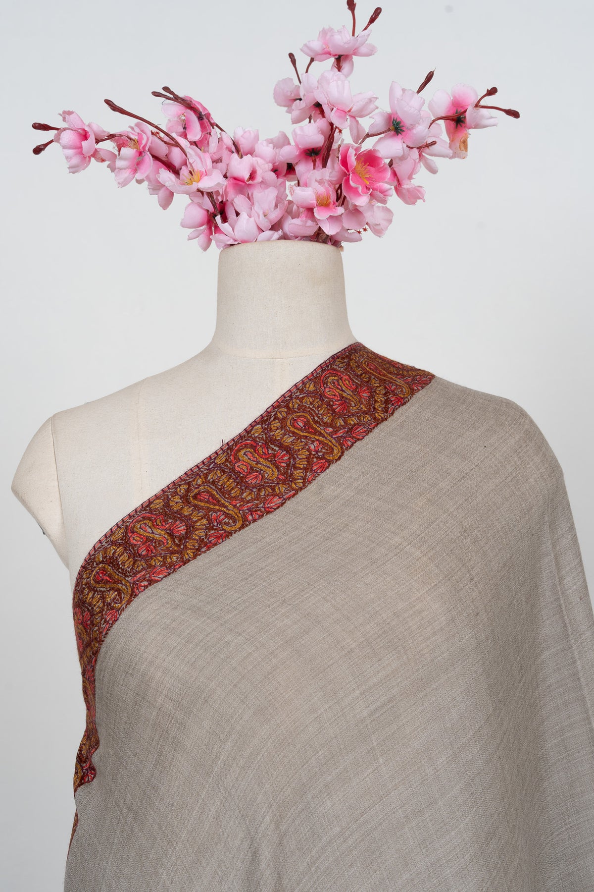 Stone Taupe Paisley 2.5 Yards Sozni Hand Embroidered Shawl