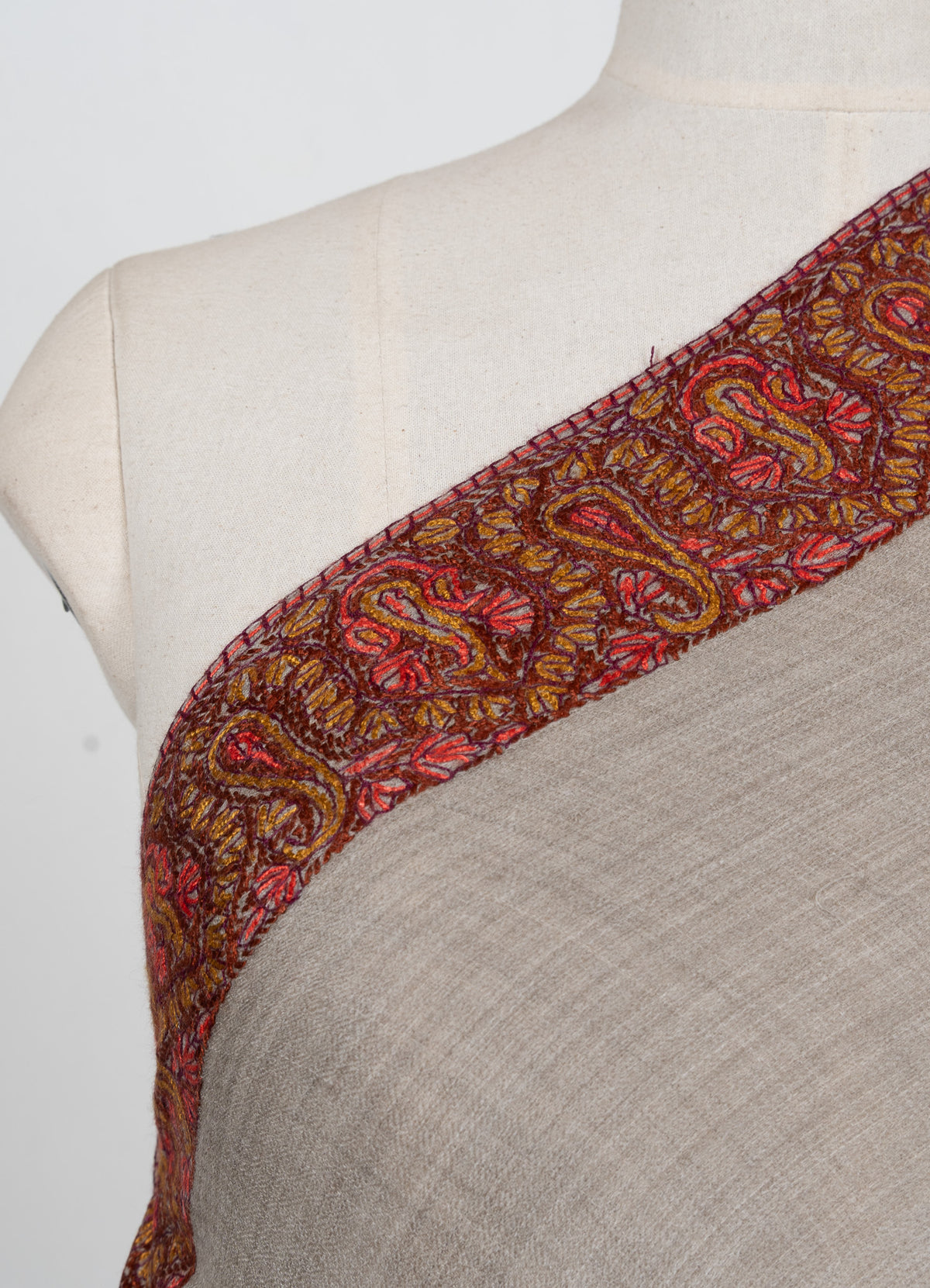 Stone Taupe Paisley 2.5 Yards Sozni Hand Embroidered Shawl