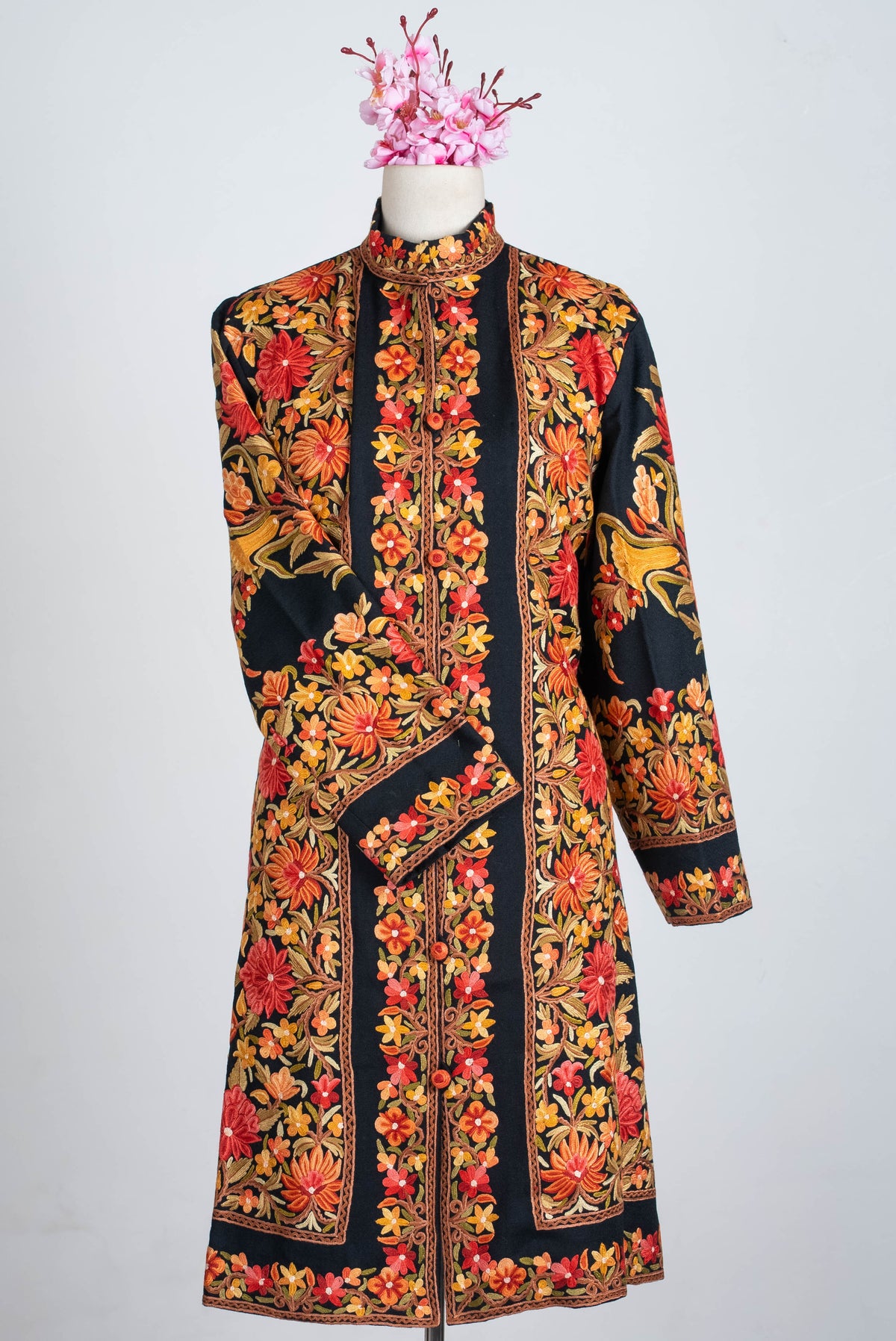 Autumn Floral Aari Hand Embroidered Long Jacket