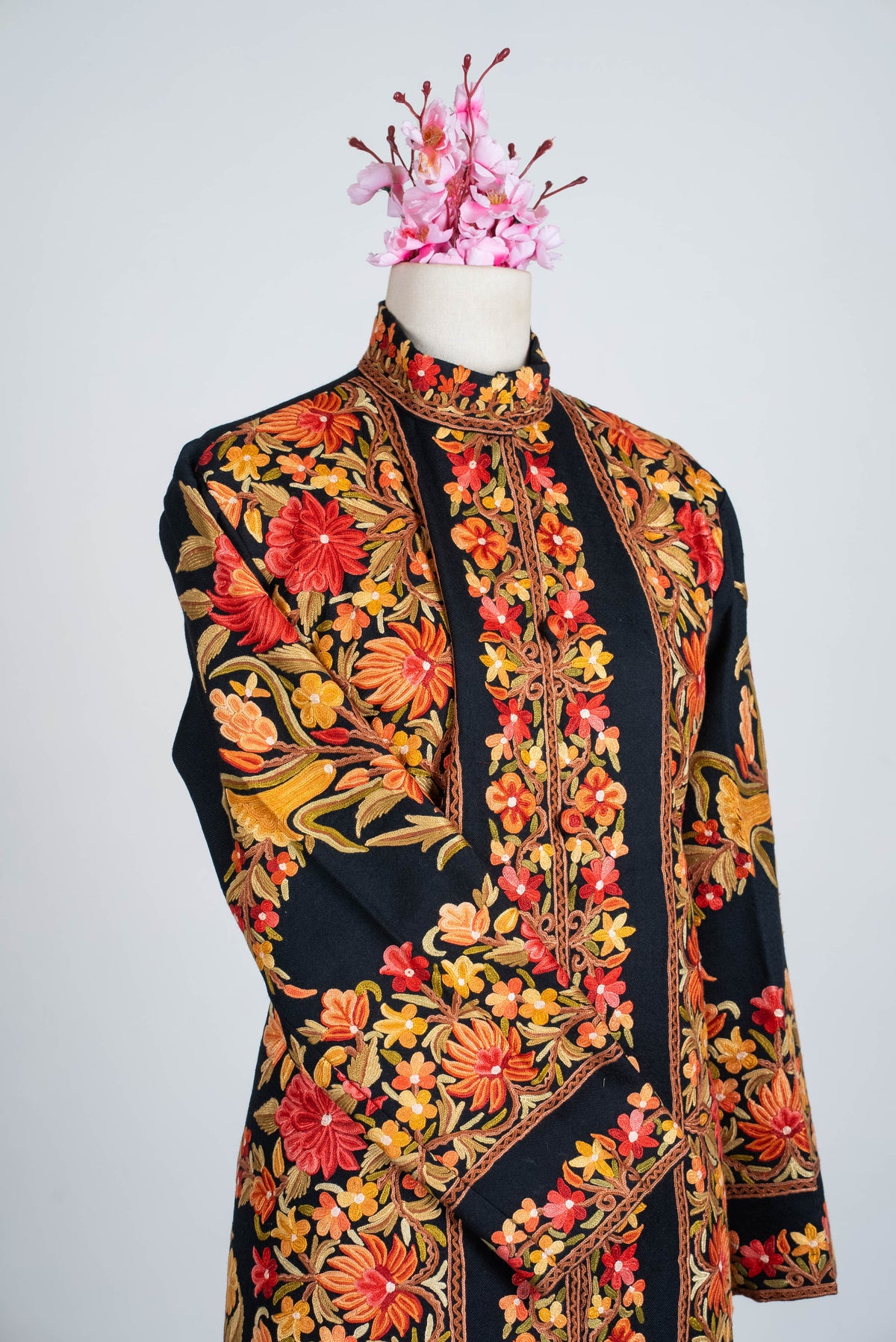 Autumn Floral Aari Hand Embroidered Long Jacket