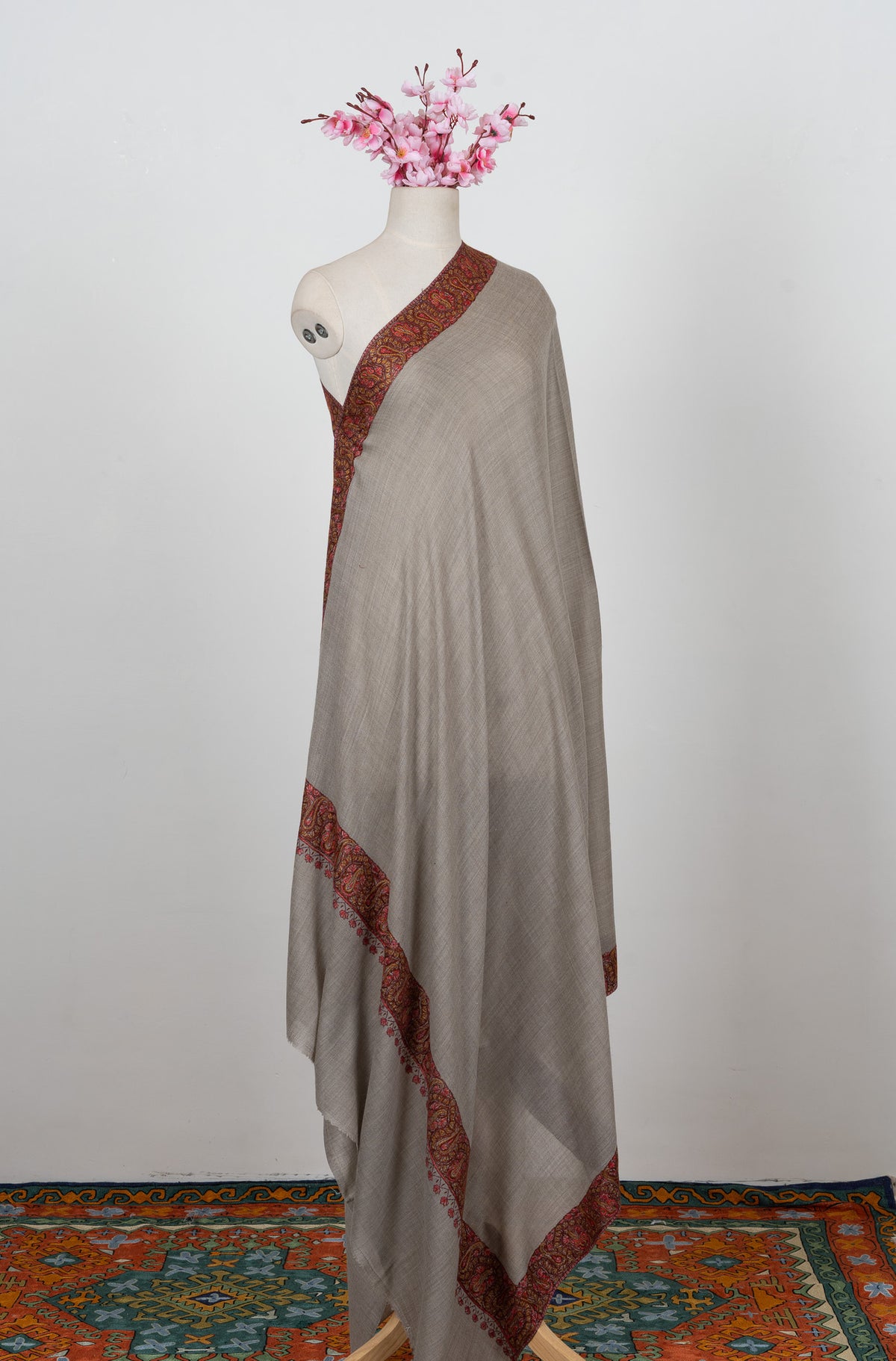 Stone Taupe Paisley 2.5 Yards Sozni Hand Embroidered Shawl