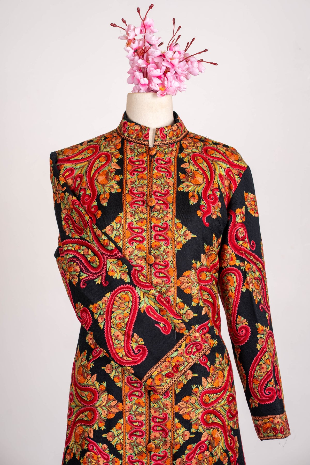 Crimson Paisley Aari Hand Embroidered Long Jacket
