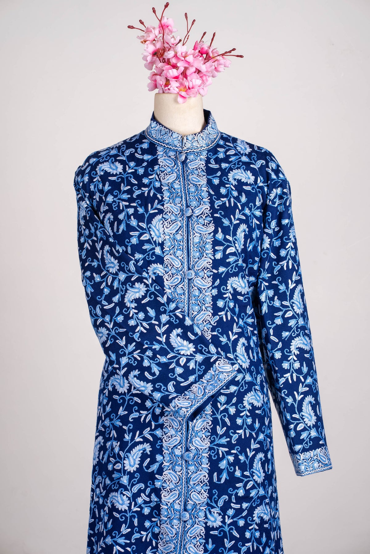 Indigo Blossom Aari Hand Embroidered Long Jacket
