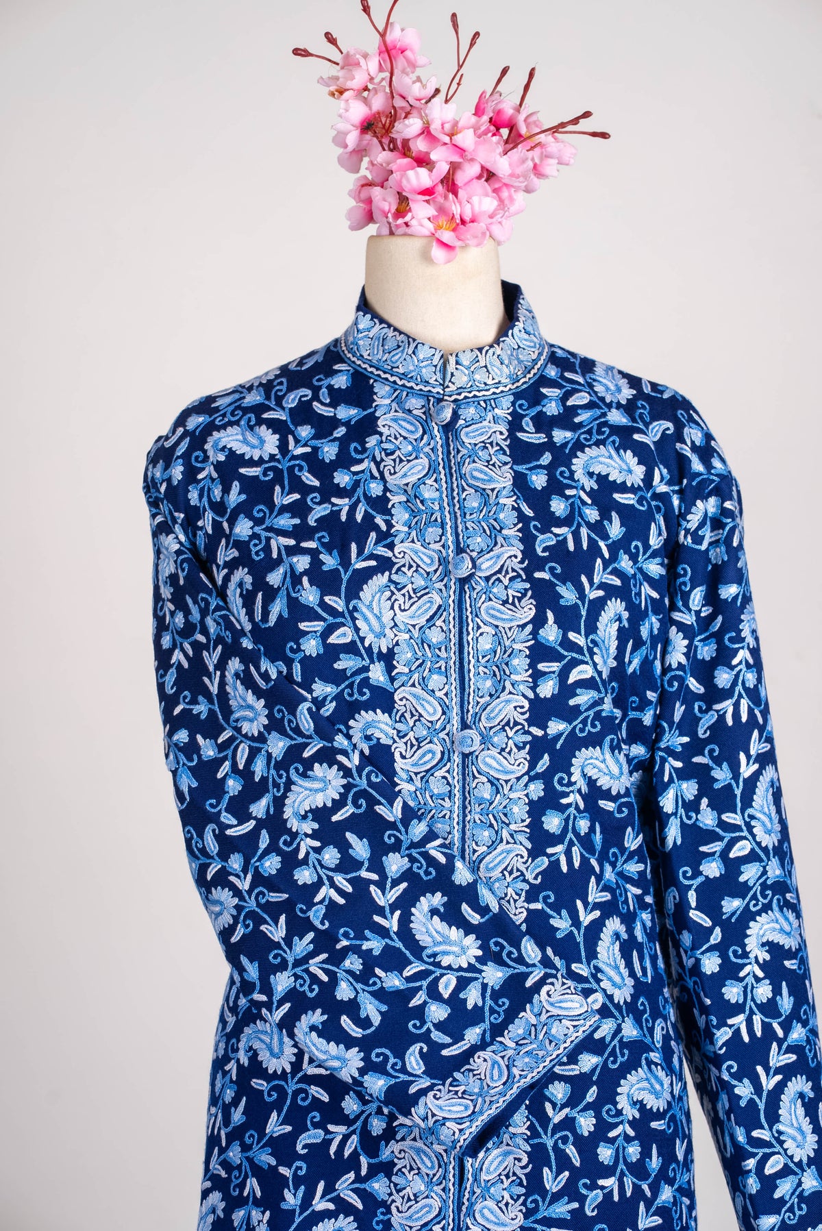 Indigo Blossom Aari Hand Embroidered Long Jacket