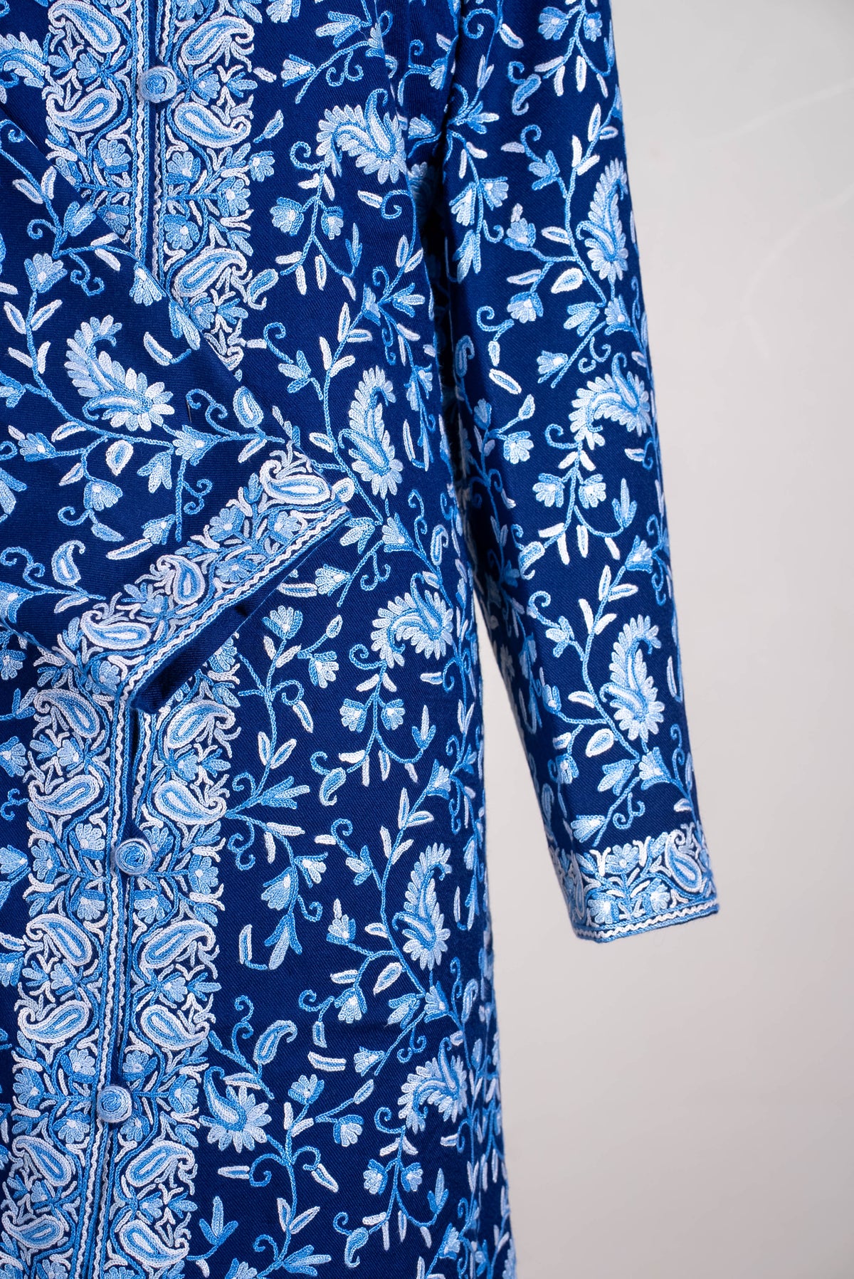 Indigo Blossom Aari Hand Embroidered Long Jacket