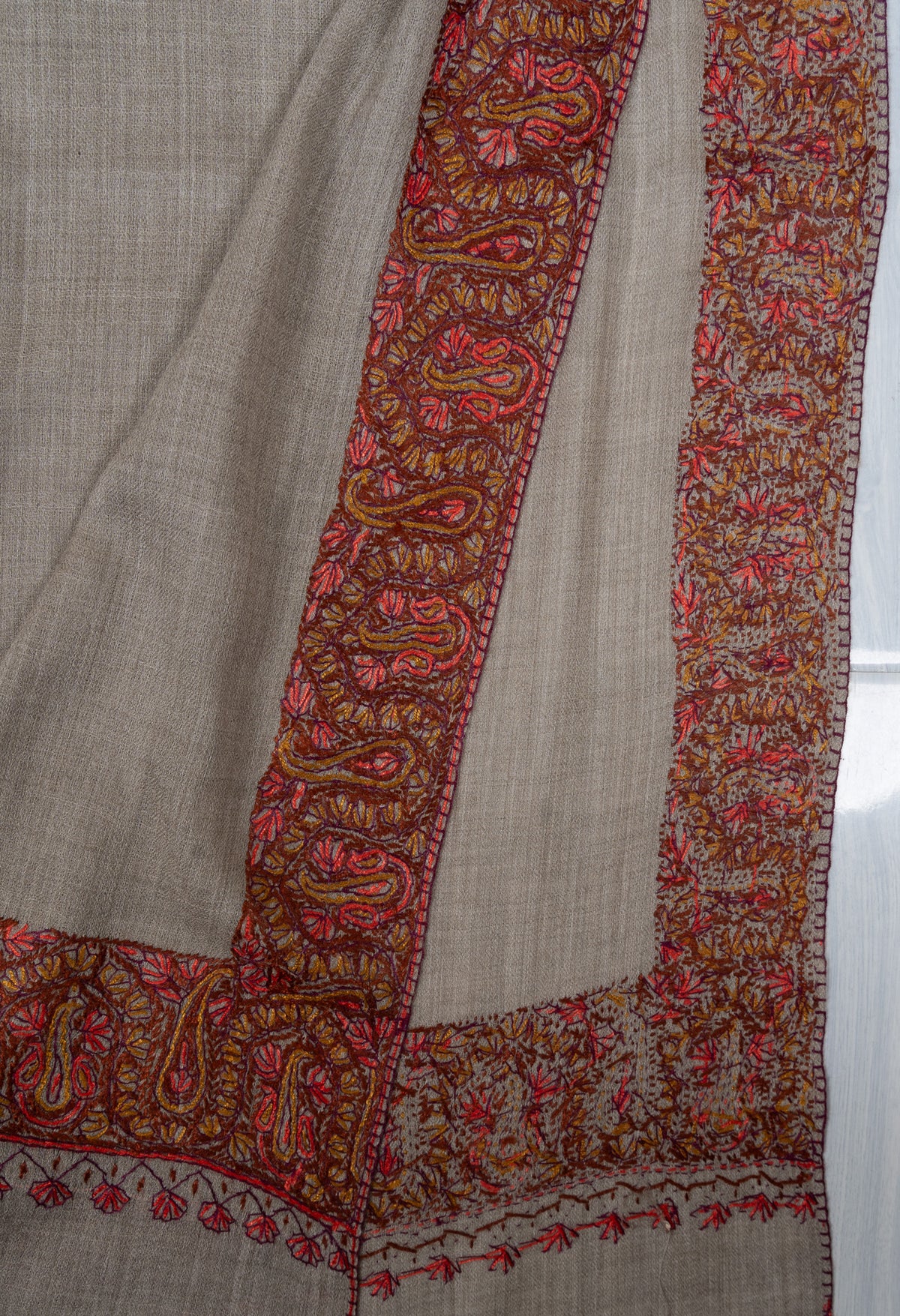 Stone Taupe Paisley 2.5 Yards Sozni Hand Embroidered Shawl