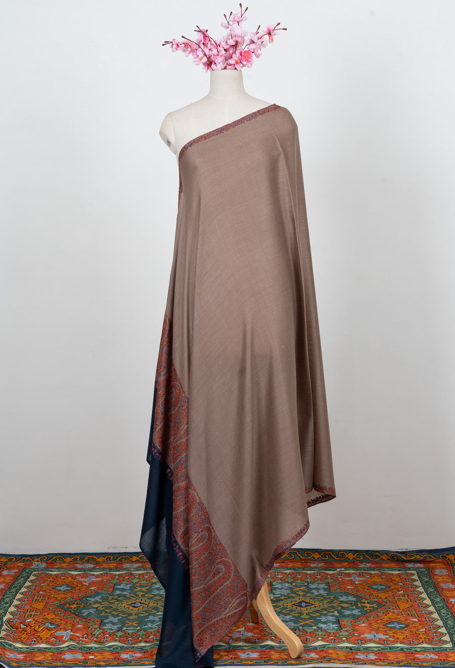 Cocoa Dusk Border 2.5 Yards Sozni Hand Embroidered Shawl