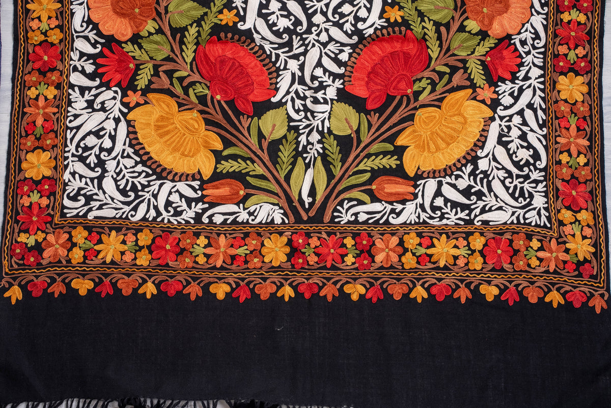 Fine Merino Wool Aari Embroidered Shawl with Multicolor Floral Jama and White Vinework