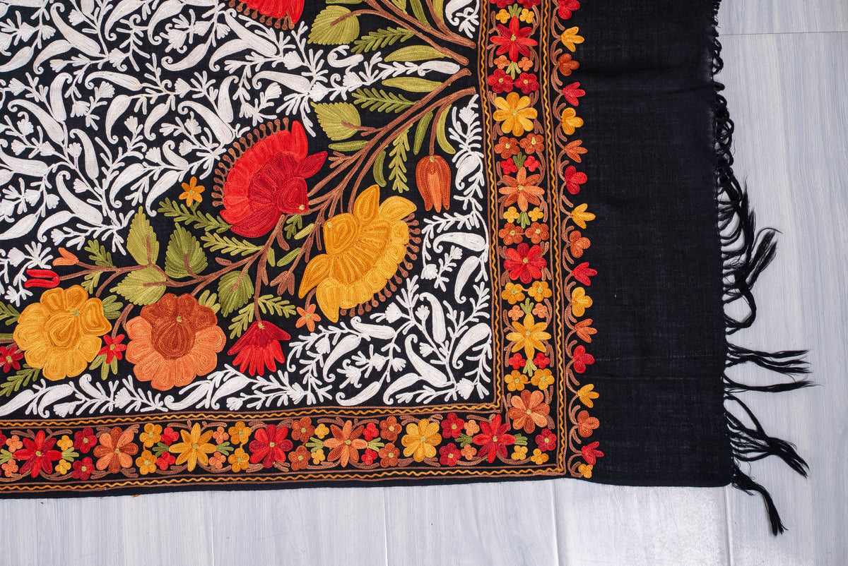 Fine Merino Wool Aari Embroidered Shawl with Multicolor Floral Jama and White Vinework