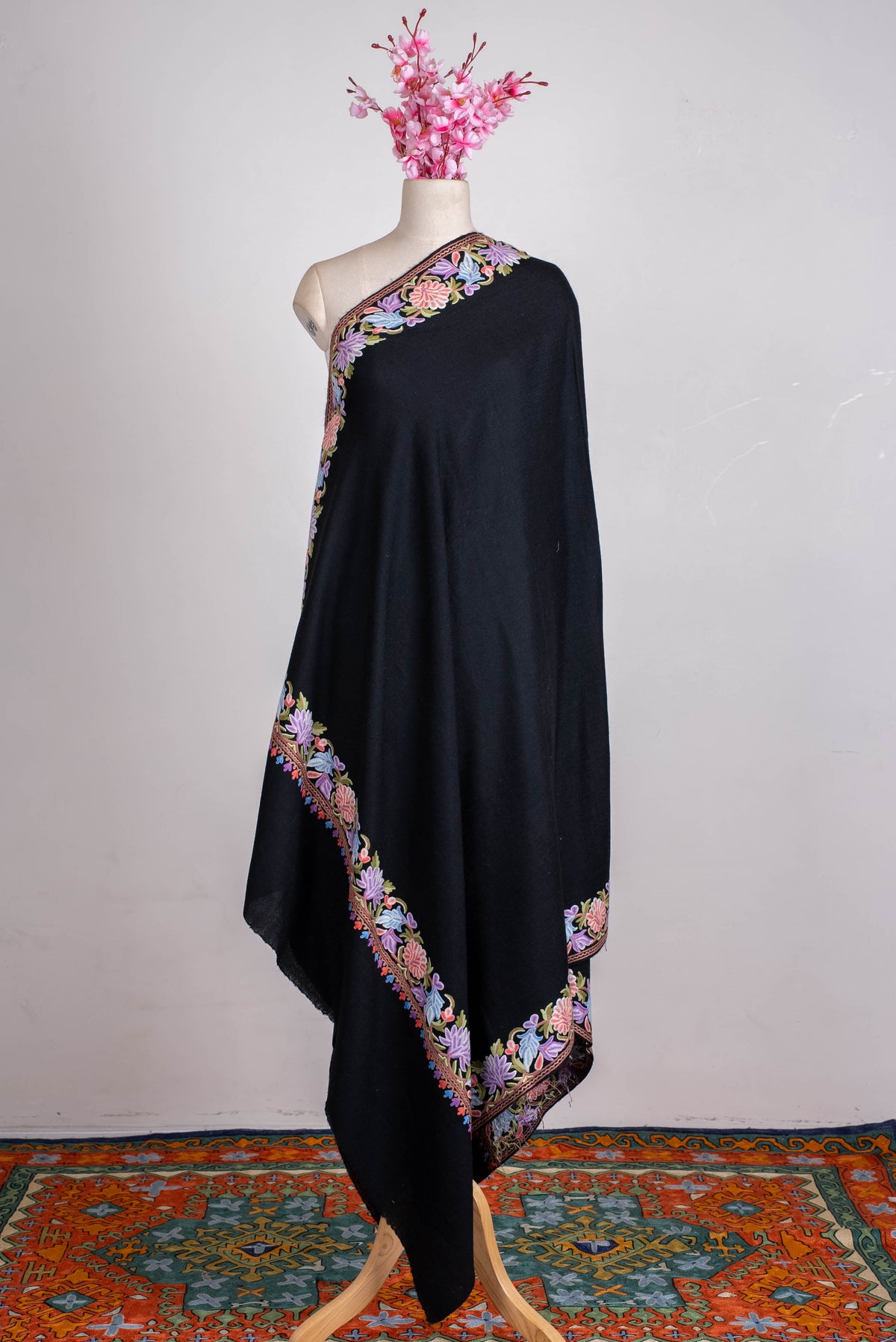 Fine Merino Wool Aari Hand Embroidered Shawl with Multicolor Floral Border
