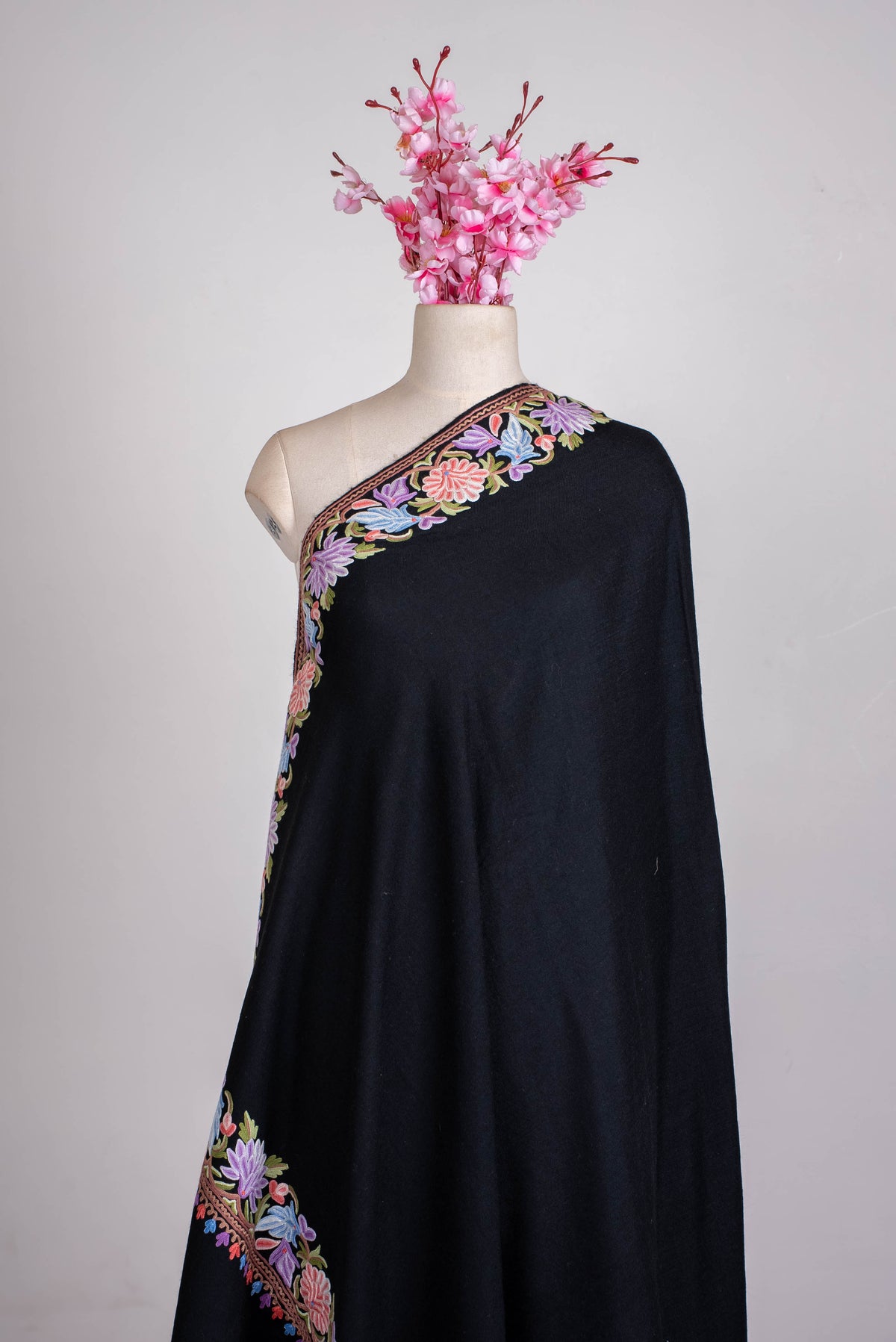 Fine Merino Wool Aari Hand Embroidered Shawl with Multicolor Floral Border