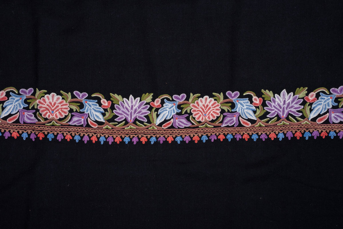 Fine Merino Wool Aari Hand Embroidered Shawl with Multicolor Floral Border