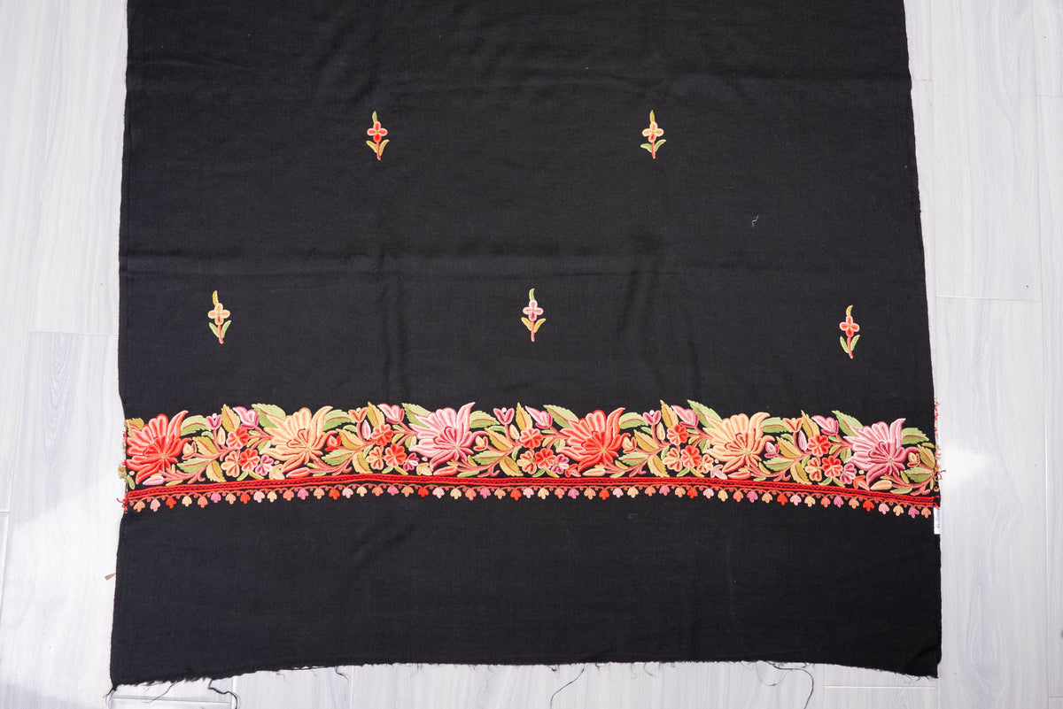 Fine Merino Wool Aari Hand Embroidered Shawl with Rich Floral Vine Detailing
