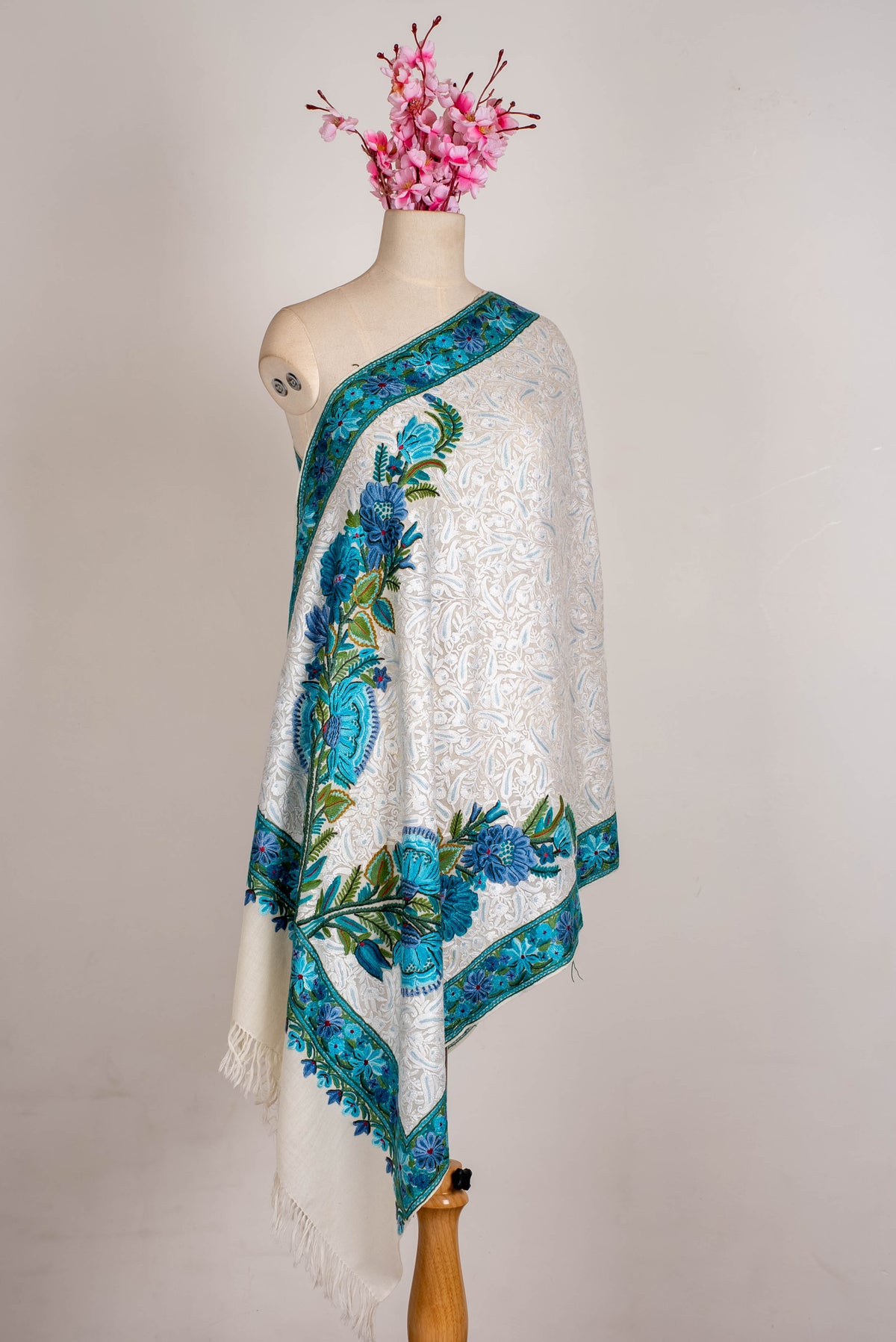 Fine Merino Wool Aari Hand Embroidered Scarf with Turquoise Floral Border