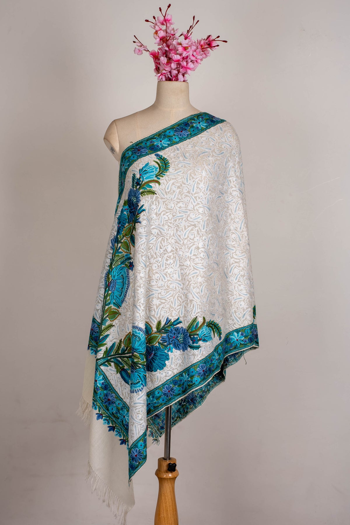 Fine Merino Wool Aari Hand Embroidered Scarf with Turquoise Floral Border