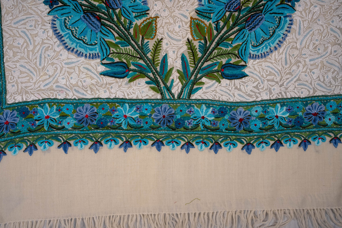 Fine Merino Wool Aari Hand Embroidered Scarf with Turquoise Floral Border