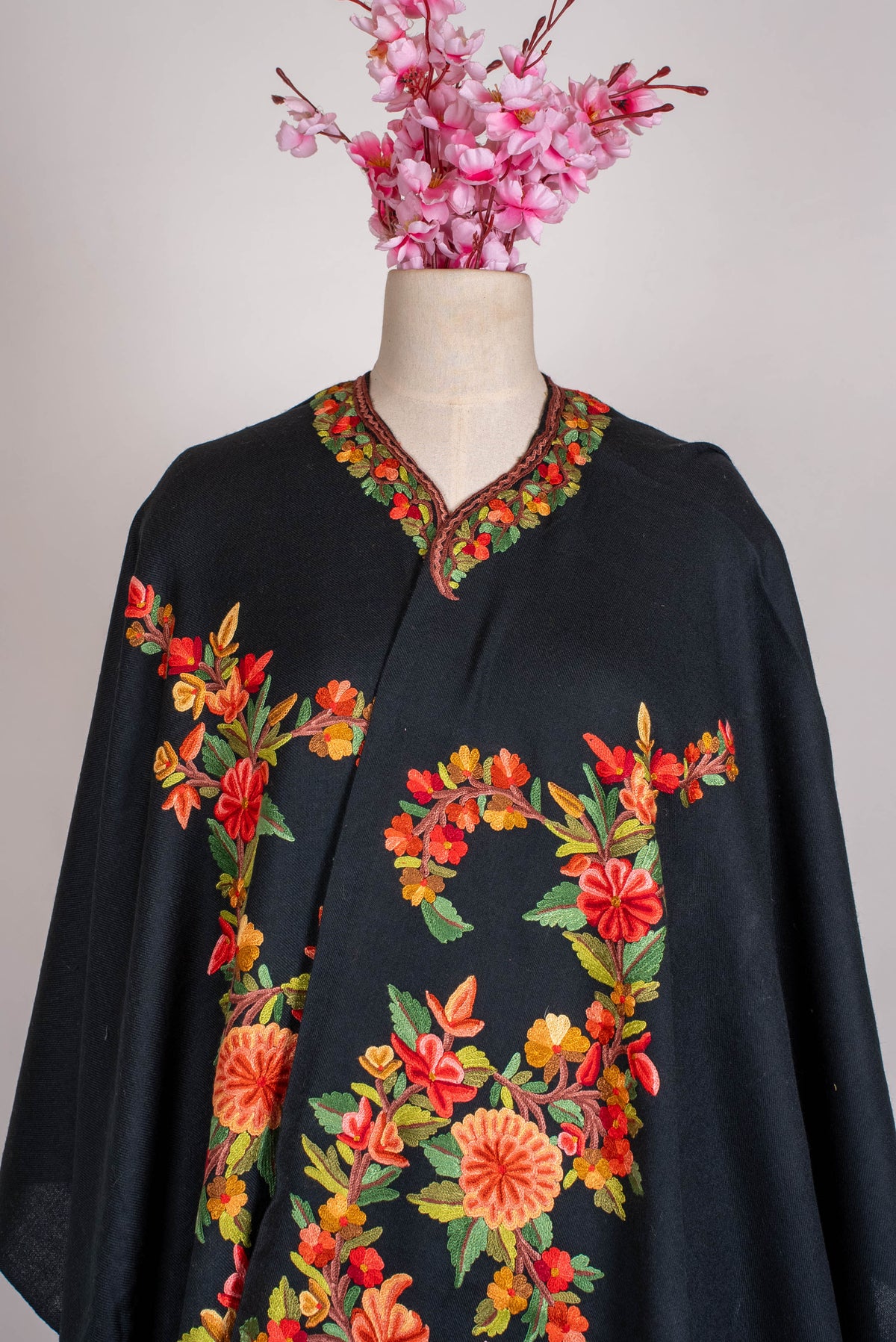 Hand Embroidered Open Front Shawl/Cape with Vibrant Floral Vine Design
