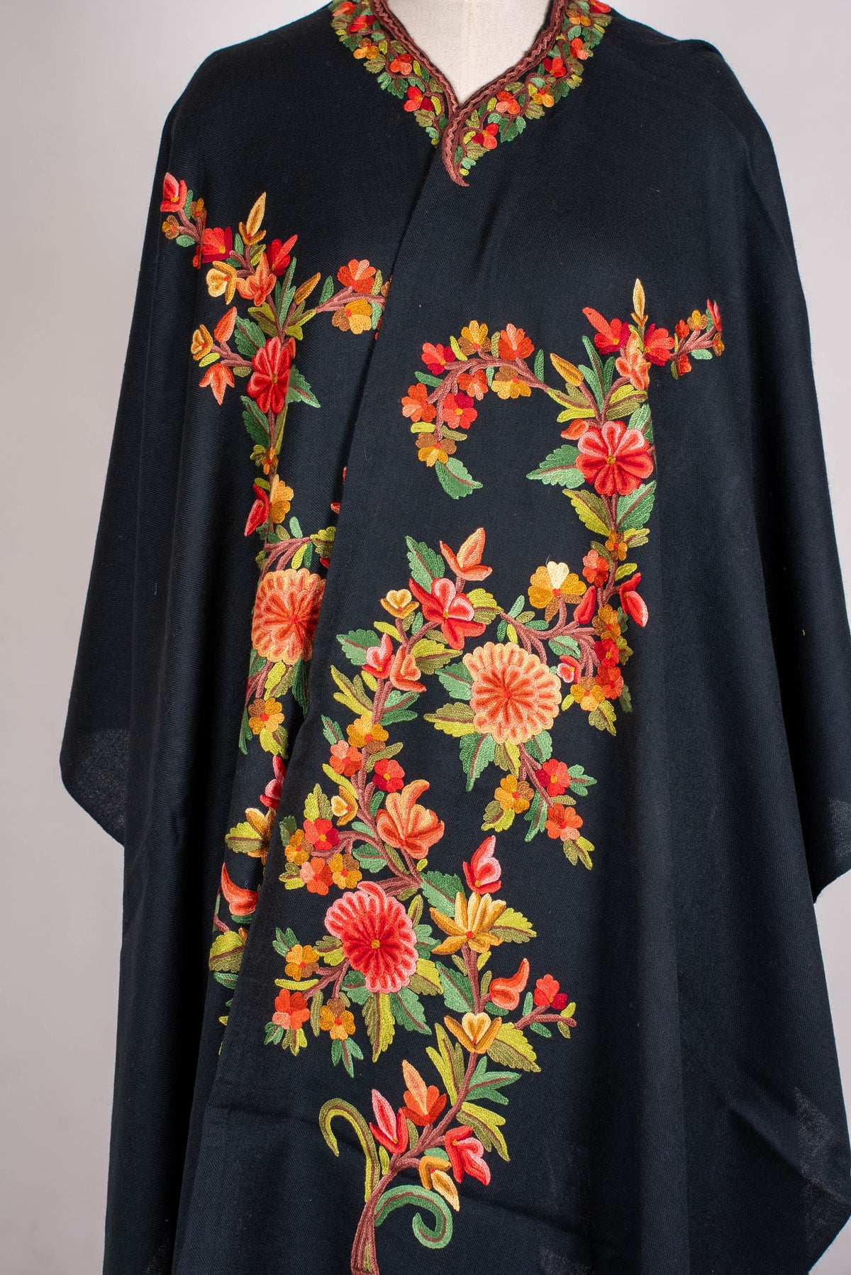 Hand Embroidered Open Front Shawl/Cape with Vibrant Floral Vine Design