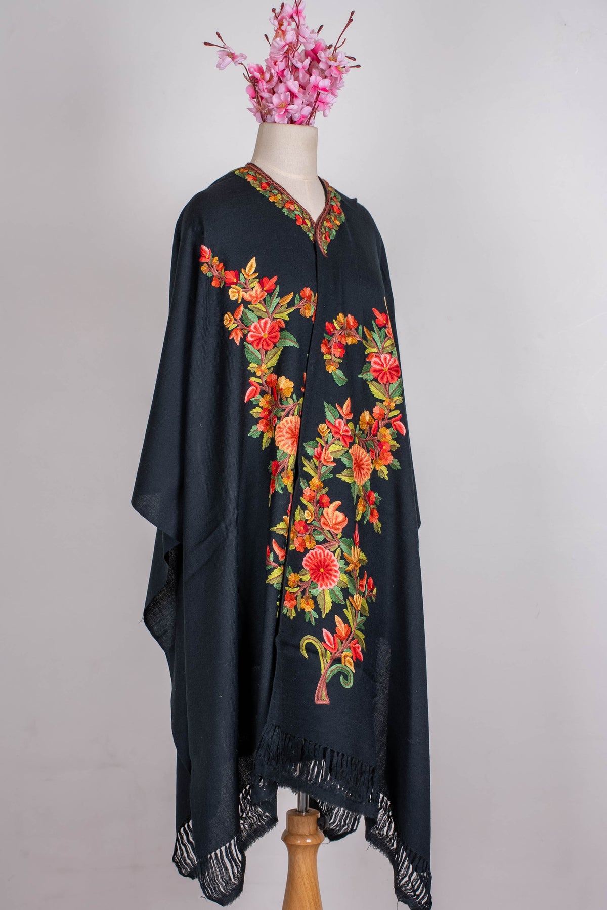 Hand Embroidered Open Front Shawl/Cape with Vibrant Floral Vine Design