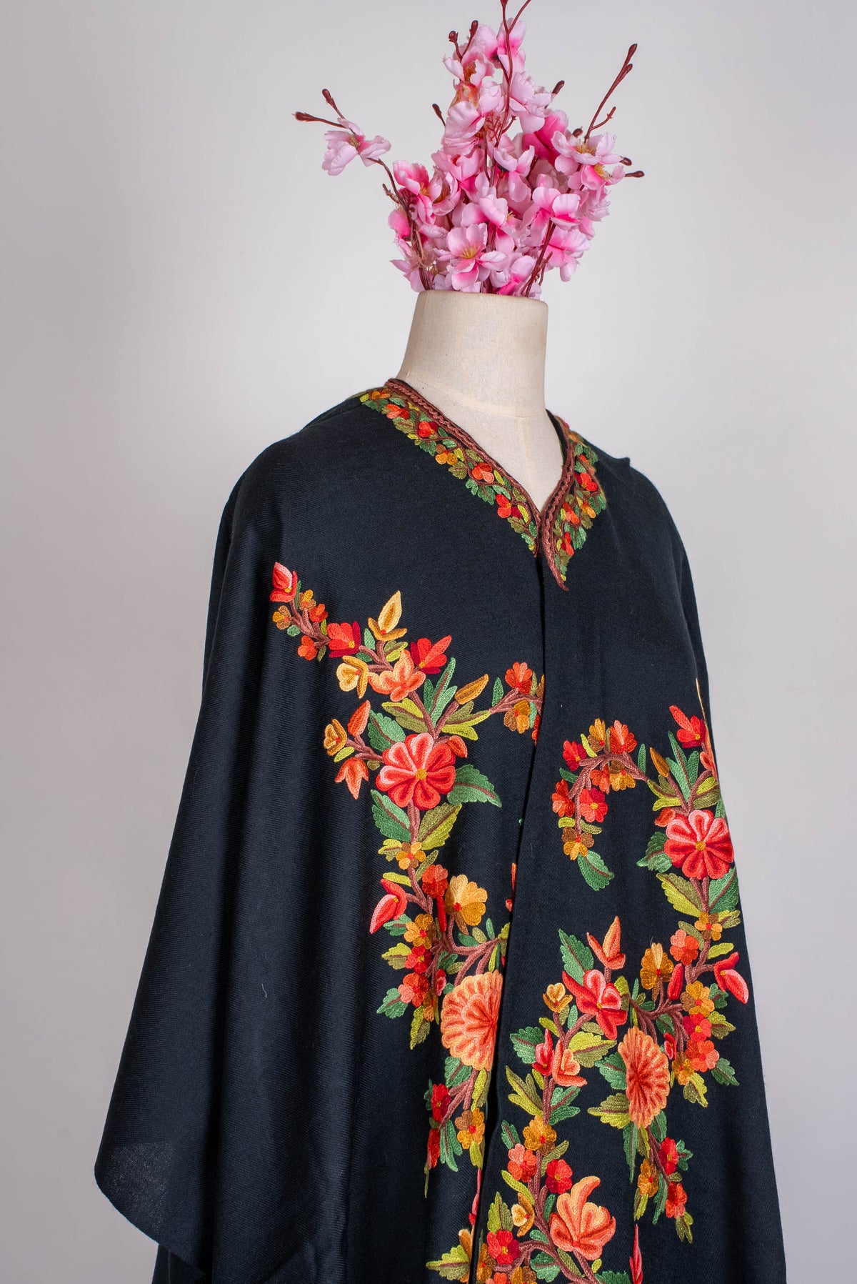 Hand Embroidered Open Front Shawl/Cape with Vibrant Floral Vine Design